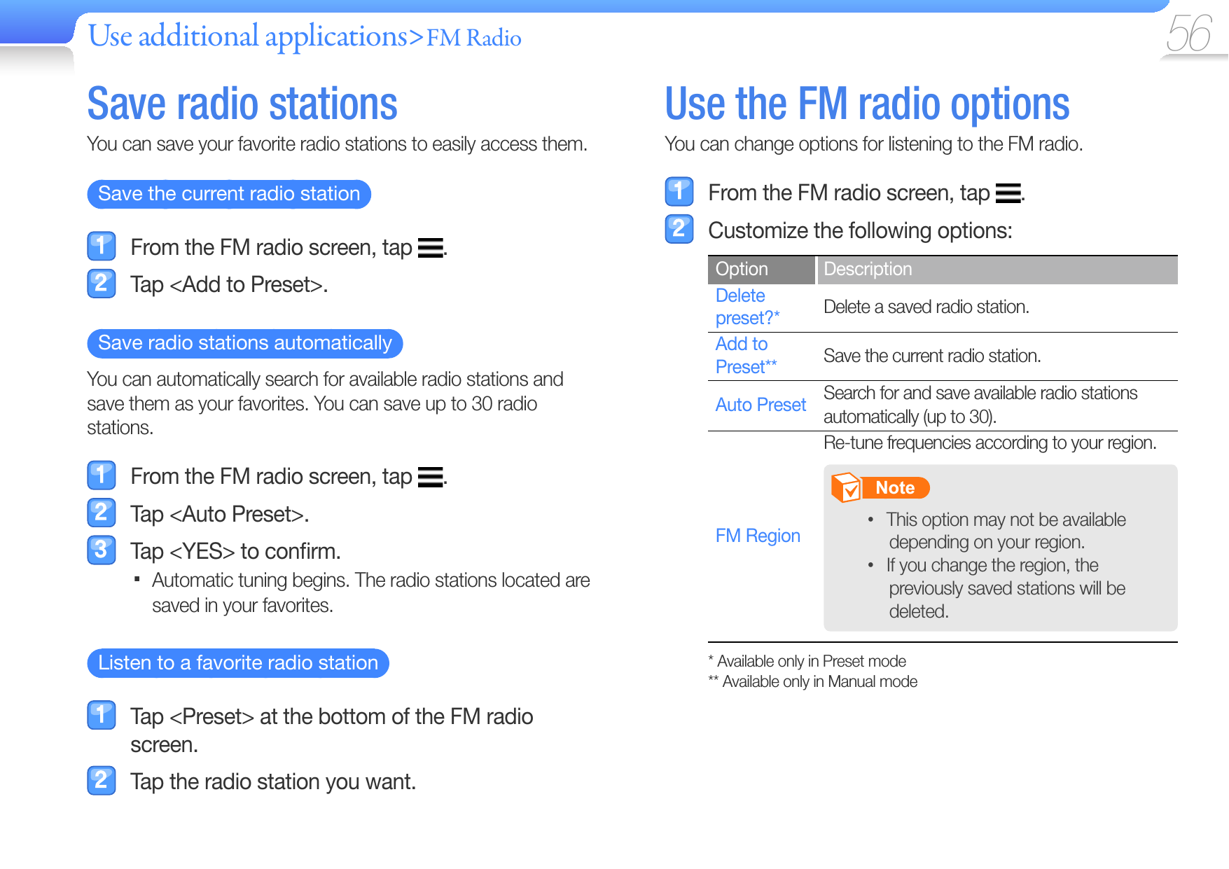 Use additional applications&gt;FM Radio 56 Save   radio  stationsYou can save your favorite radio stations to easily access them.   Save the current radio station    From the FM radio screen, tap  .  Tap &lt;Add to Preset&gt;.   Save radio stations automatically  You can automatically search for available radio stations and save them as your favorites. You can save up to 30 radio stations.  From the FM radio screen, tap  .  Tap &lt;Auto Preset&gt;.  Tap &lt;YES&gt; to conﬁ rm.Automatic tuning begins. The radio stations located are  saved in your favorites.   Listen to a favorite radio station    Tap &lt;Preset&gt; at the bottom of the FM radio screen.  Tap the radio station you want. Use the FM radio optionsYou can change options for listening to the FM radio.  From the FM radio screen, tap  .  Customize the following options:Option DescriptionDelete preset?* Delete a saved radio station.Add to Preset** Save the current radio station.Auto Preset Search for and save available radio stations automatically (up to 30).FM RegionRe-tune frequencies according to your region.       Note   This option may not be available • depending on your region.If you change the region, the • previously saved stations will be deleted. * Available only in Preset mode** Available only in Manual mode