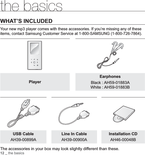 12 _ the basicsthe basicsWHAT’S INCLUDEDYour new mp3 player comes with these accessories. If you’re missing any of these items, contact Samsung Customer Service at 1-800-SAMSUNG (1-800-726-7864).PlayerEarphonesBlack : AH59-01883AWhite : AH59-01883BUSB CableAH39-00899ALine In CableAH39-00900AInstallation CDAH46-00048BThe accessories in your box may look slightly different than these.