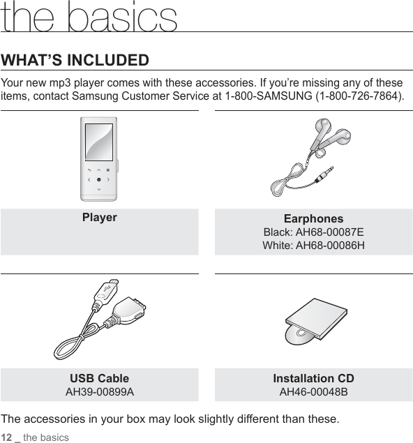 12 _ the basicsthe basicsWHAT’S INCLUDEDYour new mp3 player comes with these accessories. If you’re missing any of these items, contact Samsung Customer Service at 1-800-SAMSUNG (1-800-726-7864).Player EarphonesBlack: AH68-00087EWhite: AH68-00086HUSB CableAH39-00899AInstallation CDAH46-00048BThe accessories in your box may look slightly different than these.