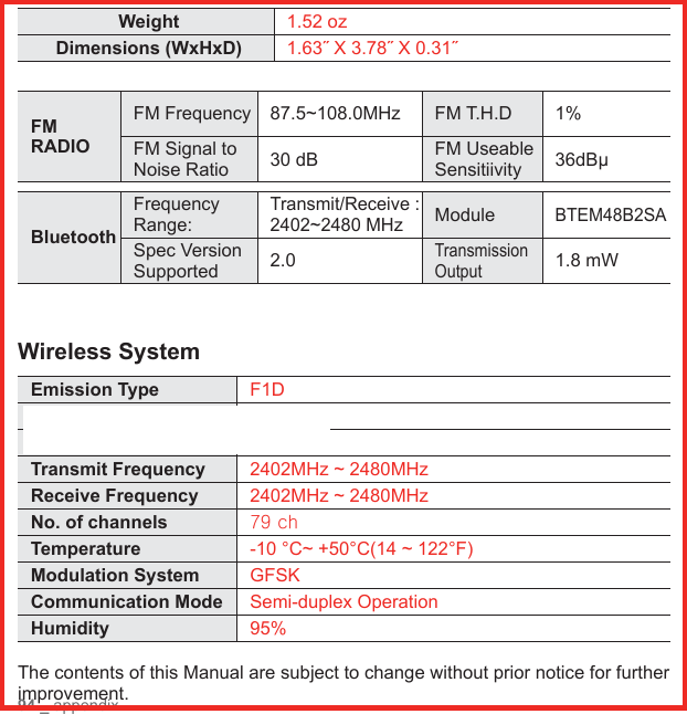 94 _ appendixWeight 1.52 ozDimensions (WxHxD) 1.63˝ X 3.78˝ X 0.31˝FM RADIOFM Frequency 87.5~108.0MHz FM T.H.D 1%FM Signal to Noise Ratio 30 dB FM Useable Sensitiivity 36dBμBluetoothFrequency Range:Transmit/Receive : 2402~2480 MHzModuleBTEM48B2SASpec Version Supported 2.0Transmission Output1.8 mWWireless SystemEmission Type F1DPower DC 3.7VRF Power 0.02mWTransmit Frequency 2402MHz ~ 2480MHzReceive Frequency 2402MHz ~ 2480MHzNo. of channels 79 chTemperature -10 °C~ +50°C(14 ~ 122°F)Modulation System GFSKCommunication Mode Semi-duplex OperationHumidity 95%The contents of this Manual are subject to change without prior notice for further improvement.