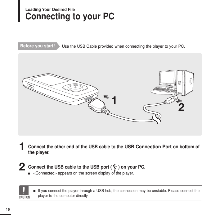 18Connecting to your PCLoading Your Desired FileBefore you start! Use the USB Cable provided when connecting the player to your PC.11Connect the other end of the USB cable to the USB Connection Port on bottom ofthe player.22Connect the USB cable to the USB port (     ) on your PC.■&lt;Connected&gt; appears on the screen display of the player.CAUTION■   If you connect the player through a USB hub, the connection may be unstable. Please connect theplayer to the computer directly.