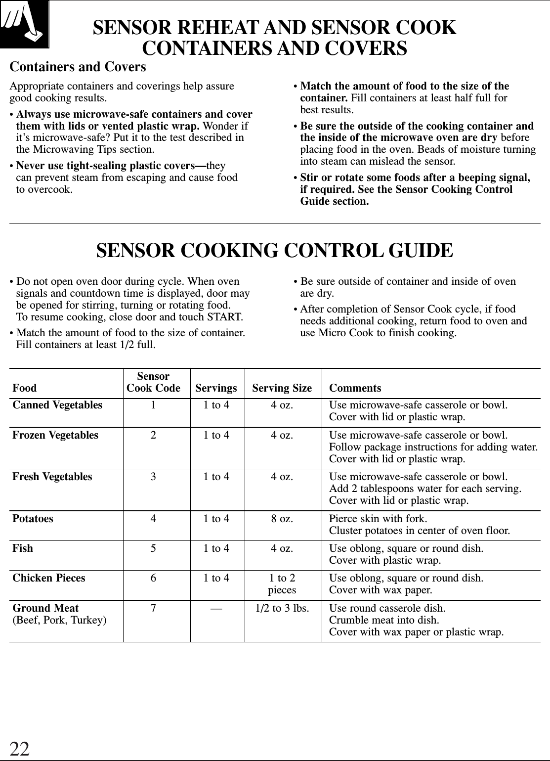 22SENSOR REHEAT AND SENSOR COOKCONTAINERS AND COVERSContainers and CoversAppropriate containers and coverings help assuregood cooking results.•Always use microwave-safe containers and coverthem with lids or vented plastic wrap. Wonder ifit’s microwave-safe? Put it to the test described inthe Microwaving Tips section.•Never use tight-sealing plastic covers—they can prevent steam from escaping and cause food to overcook.•Match the amount of food to the size of thecontainer. Fill containers at least half full for best results.•Be sure the outside of the cooking container andthe inside of the microwave oven are dry beforeplacing food in the oven. Beads of moisture turninginto steam can mislead the sensor.•Stir or rotate some foods after a beeping signal, if required. See the Sensor Cooking ControlGuide section.• Do not open oven door during cycle. When ovensignals and countdown time is displayed, door maybe opened for stirring, turning or rotating food. To resume cooking, close door and touch START.• Match the amount of food to the size of container.Fill containers at least 1/2 full.• Be sure outside of container and inside of oven are dry.• After completion of Sensor Cook cycle, if foodneeds additional cooking, return food to oven anduse Micro Cook to finish cooking.SENSOR COOKING CONTROL GUIDESensorFood Cook Code Servings Serving Size CommentsCanned Vegetables 1 1 to 4 4 oz. Use microwave-safe casserole or bowl.Cover with lid or plastic wrap.Frozen Vegetables 2 1 to 4 4 oz. Use microwave-safe casserole or bowl.Follow package instructions for adding water. Cover with lid or plastic wrap.Fresh Vegetables 3 1 to 4 4 oz. Use microwave-safe casserole or bowl. Add 2 tablespoons water for each serving. Cover with lid or plastic wrap.Potatoes 4 1 to 4 8 oz. Pierce skin with fork. Cluster potatoes in center of oven floor.Fish 5 1 to 4 4 oz. Use oblong, square or round dish. Cover with plastic wrap.Chicken Pieces 6 1 to 4 1 to 2 Use oblong, square or round dish. pieces Cover with wax paper.Ground Meat 7 — 1/2 to 3 lbs. Use round casserole dish. (Beef, Pork, Turkey) Crumble meat into dish.Cover with wax paper or plastic wrap.