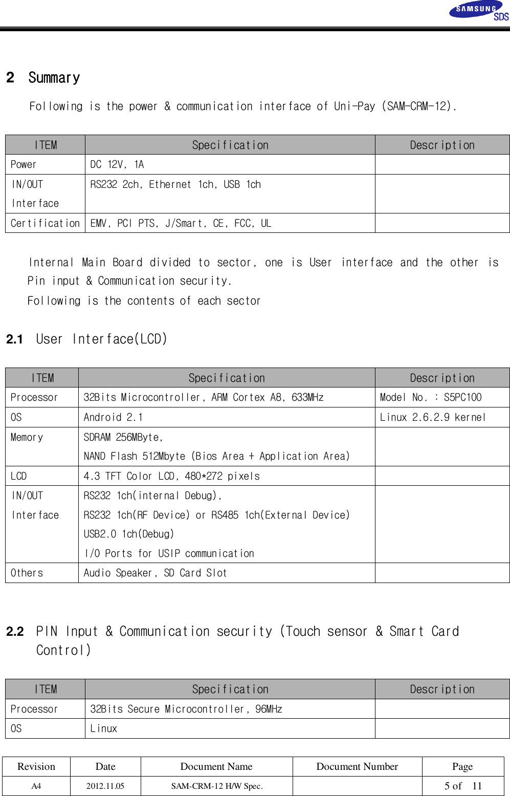 Revision Date Document Name Document Number PageA4 2012.11.05 SAM-CRM-12 H/W Spec. 5 of 112SummaryFollowing is the power &amp; communication interface of Uni-Pay (SAM-CRM-12).ITEM Specification DescriptionPower DC 12V, 1AIN/OUTInterfaceRS232 2ch, Ethernet 1ch, USB 1chCertification EMV, PCI PTS, J/Smart, CE, FCC, ULInternal Main Board divided to sector, one is User interface and the other isPin input &amp; Communication security.Following is the contents of each sector2.1 User Interface(LCD)ITEM Specification DescriptionProcessor 32Bits Microcontroller, ARM Cortex A8, 633MHz Model No. : S5PC100OS Android 2.1 Linux 2.6.2.9 kernelMemory SDRAM 256MByte,NAND Flash 512Mbyte (Bios Area + Application Area)LCD 4.3 TFT Color LCD, 480*272 pixelsIN/OUTInterfaceRS232 1ch(internal Debug),RS232 1ch(RF Device) or RS485 1ch(External Device)USB2.0 1ch(Debug)I/O Ports for USIP communicationOthers Audio Speaker, SD Card Slot2.2 PIN Input &amp; Communication security (Touch sensor &amp; Smart CardControl)ITEM Specification DescriptionProcessor 32Bits Secure Microcontroller, 96MHzOS Linux