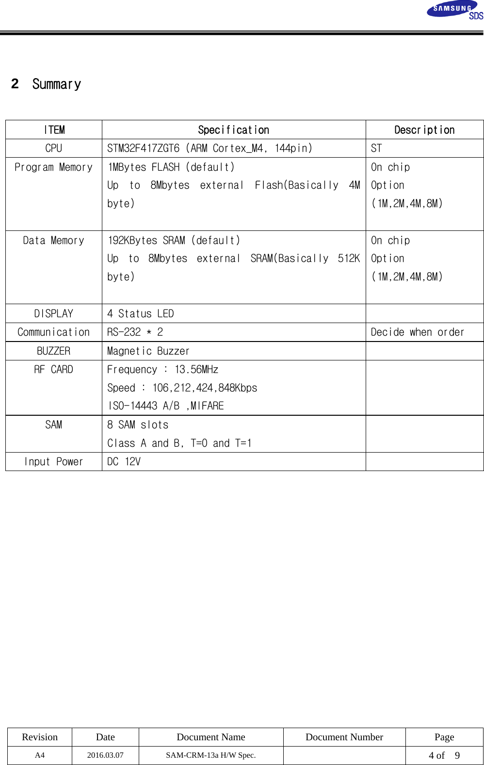  Revision Date  Document Name Document Number Page A4 2016.03.07 SAM-CRM-13a H/W Spec.    4 of    9    2  Summary  ITEM  Specification  Description CPU  STM32F417ZGT6 (ARM Cortex_M4, 144pin)  ST Program Memory  1MBytes FLASH (default) Up  to  8Mbytes  external  Flash(Basically  4M byte)  On chip Option (1M,2M,4M,8M) Data Memory  192KBytes SRAM (default) Up  to  8Mbytes  external  SRAM(Basically  512K byte)  On chip Option (1M,2M,4M,8M) DISPLAY  4 Status LED   Communication  RS-232 * 2   Decide when order BUZZER  Magnetic Buzzer   RF CARD  Frequency : 13.56MHz Speed : 106,212,424,848Kbps ISO-14443 A/B ,MIFARE  SAM  8 SAM slots Class A and B, T=0 and T=1  Input Power  DC 12V   