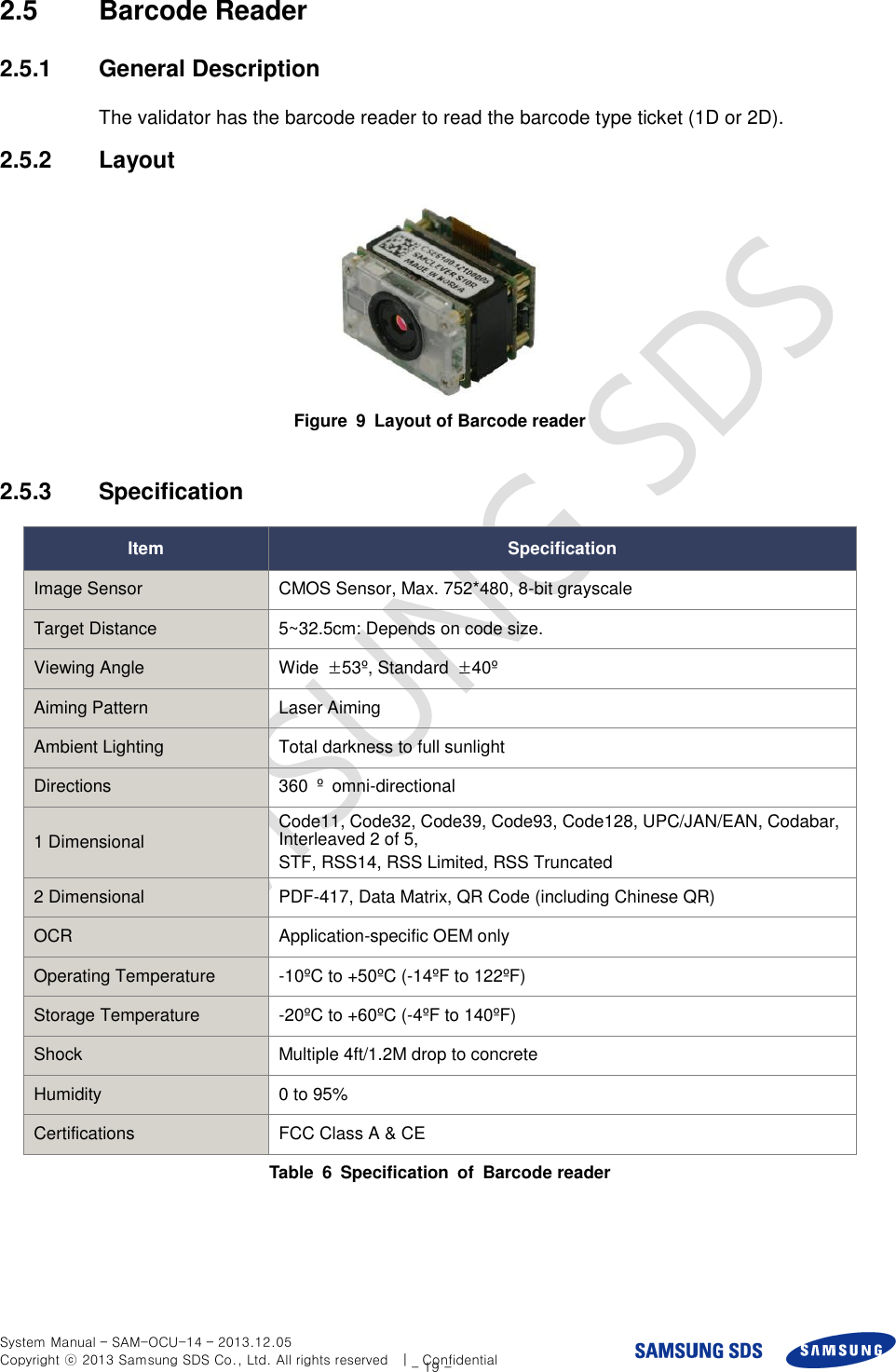  System Manual – SAM-OCU-14 – 2013.12.05 Copyright ⓒ 2013 Samsung SDS Co., Ltd. All rights reserved    |    Confidential - 19 - 2.5  Barcode Reader 2.5.1  General Description The validator has the barcode reader to read the barcode type ticket (1D or 2D). 2.5.2  Layout  Figure  9  Layout of Barcode reader  2.5.3  Specification Item Specification Image Sensor CMOS Sensor, Max. 752*480, 8-bit grayscale Target Distance   5~32.5cm: Depends on code size. Viewing Angle Wide  ±53º, Standard  ±40º Aiming Pattern Laser Aiming Ambient Lighting Total darkness to full sunlight Directions 360  º  omni-directional 1 Dimensional Code11, Code32, Code39, Code93, Code128, UPC/JAN/EAN, Codabar, Interleaved 2 of 5, STF, RSS14, RSS Limited, RSS Truncated 2 Dimensional PDF-417, Data Matrix, QR Code (including Chinese QR) OCR Application-specific OEM only Operating Temperature -10ºC to +50ºC (-14ºF to 122ºF) Storage Temperature -20ºC to +60ºC (-4ºF to 140ºF) Shock Multiple 4ft/1.2M drop to concrete Humidity 0 to 95% Certifications FCC Class A &amp; CE Table  6  Specification  of  Barcode reader  