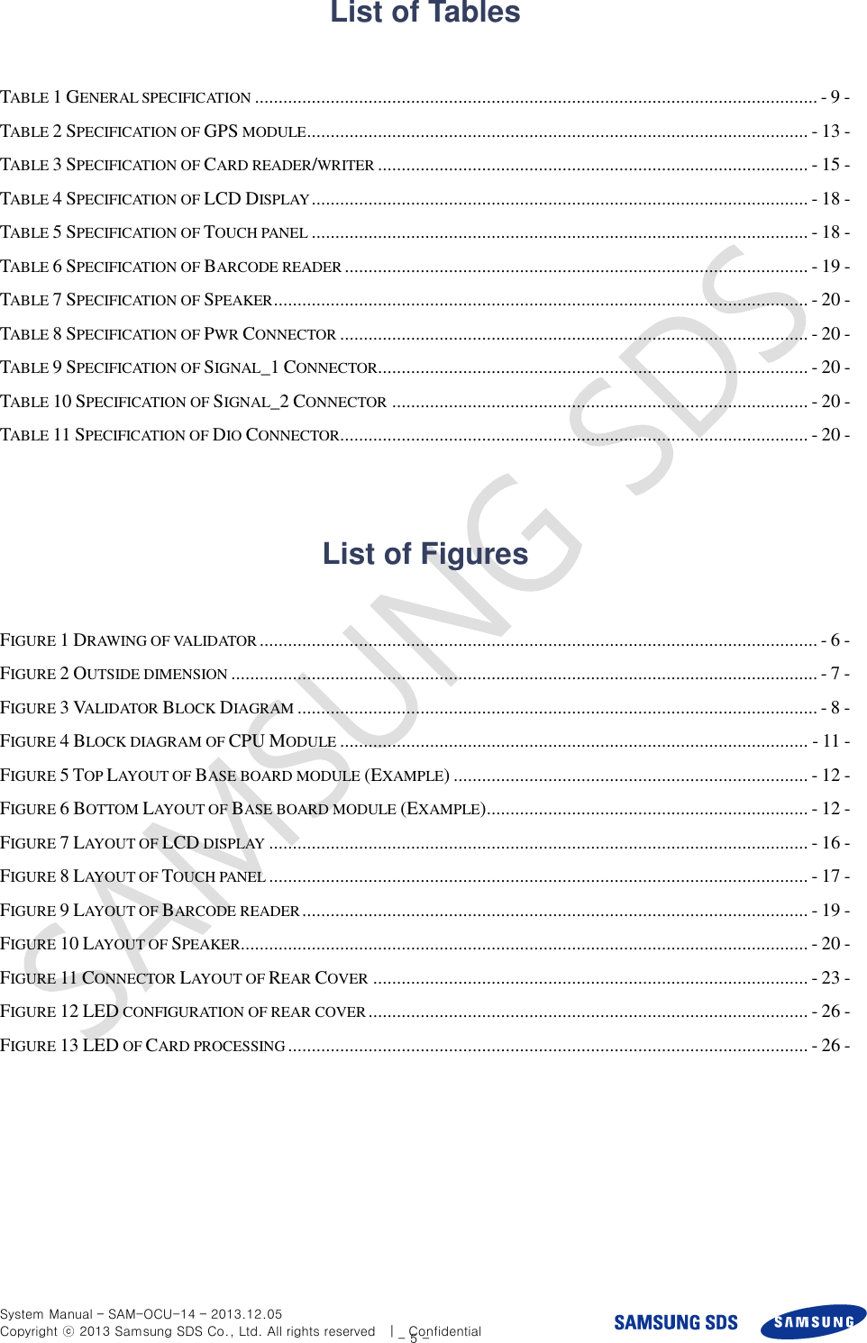  System Manual – SAM-OCU-14 – 2013.12.05 Copyright ⓒ 2013 Samsung SDS Co., Ltd. All rights reserved    |    Confidential - 5 - List of Tables  TABLE 1 GENERAL SPECIFICATION ....................................................................................................................... - 9 - TABLE 2 SPECIFICATION OF GPS MODULE .......................................................................................................... - 13 - TABLE 3 SPECIFICATION OF CARD READER/WRITER ........................................................................................... - 15 - TABLE 4 SPECIFICATION OF LCD DISPLAY ......................................................................................................... - 18 - TABLE 5 SPECIFICATION OF TOUCH PANEL ......................................................................................................... - 18 - TABLE 6 SPECIFICATION OF BARCODE READER .................................................................................................. - 19 - TABLE 7 SPECIFICATION OF SPEAKER ................................................................................................................. - 20 - TABLE 8 SPECIFICATION OF PWR CONNECTOR ................................................................................................... - 20 - TABLE 9 SPECIFICATION OF SIGNAL_1 CONNECTOR........................................................................................... - 20 - TABLE 10 SPECIFICATION OF SIGNAL_2 CONNECTOR ........................................................................................ - 20 - TABLE 11 SPECIFICATION OF DIO CONNECTOR................................................................................................... - 20 -   List of Figures  FIGURE 1 DRAWING OF VALIDATOR ...................................................................................................................... - 6 - FIGURE 2 OUTSIDE DIMENSION ............................................................................................................................ - 7 - FIGURE 3 VALIDATOR BLOCK DIAGRAM .............................................................................................................. - 8 - FIGURE 4 BLOCK DIAGRAM OF CPU MODULE ................................................................................................... - 11 - FIGURE 5 TOP LAYOUT OF BASE BOARD MODULE (EXAMPLE) ........................................................................... - 12 - FIGURE 6 BOTTOM LAYOUT OF BASE BOARD MODULE (EXAMPLE) .................................................................... - 12 - FIGURE 7 LAYOUT OF LCD DISPLAY .................................................................................................................. - 16 - FIGURE 8 LAYOUT OF TOUCH PANEL .................................................................................................................. - 17 - FIGURE 9 LAYOUT OF BARCODE READER ........................................................................................................... - 19 - FIGURE 10 LAYOUT OF SPEAKER ........................................................................................................................ - 20 - FIGURE 11 CONNECTOR LAYOUT OF REAR COVER ............................................................................................ - 23 - FIGURE 12 LED CONFIGURATION OF REAR COVER ............................................................................................. - 26 - FIGURE 13 LED OF CARD PROCESSING .............................................................................................................. - 26 -  
