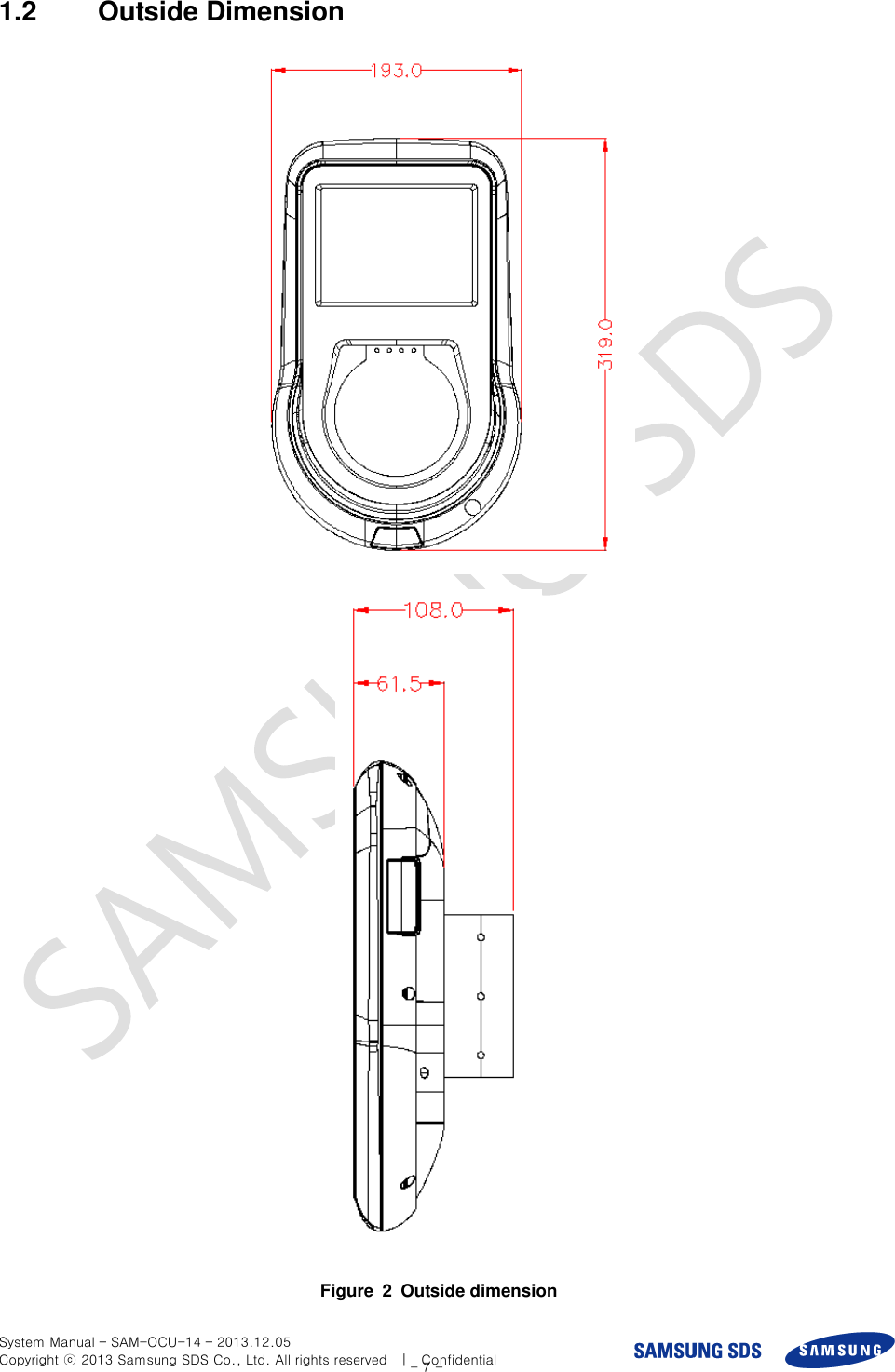  System Manual – SAM-OCU-14 – 2013.12.05 Copyright ⓒ 2013 Samsung SDS Co., Ltd. All rights reserved    |    Confidential - 7 - 1.2  Outside Dimension     Figure  2  Outside dimension 