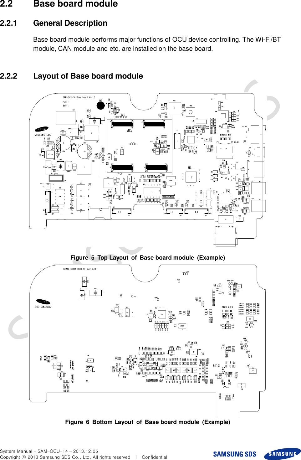  System Manual – SAM-OCU-14 – 2013.12.05 Copyright ⓒ 2013 Samsung SDS Co., Ltd. All rights reserved    |    Confidential 2.2  Base board module 2.2.1  General Description Base board module performs major functions of OCU device controlling. The Wi-Fi/BT module, CAN module and etc. are installed on the base board.  2.2.2  Layout of Base board module  Figure  5  Top Layout  of  Base board module  (Example)  Figure  6  Bottom Layout  of  Base board module  (Example) 