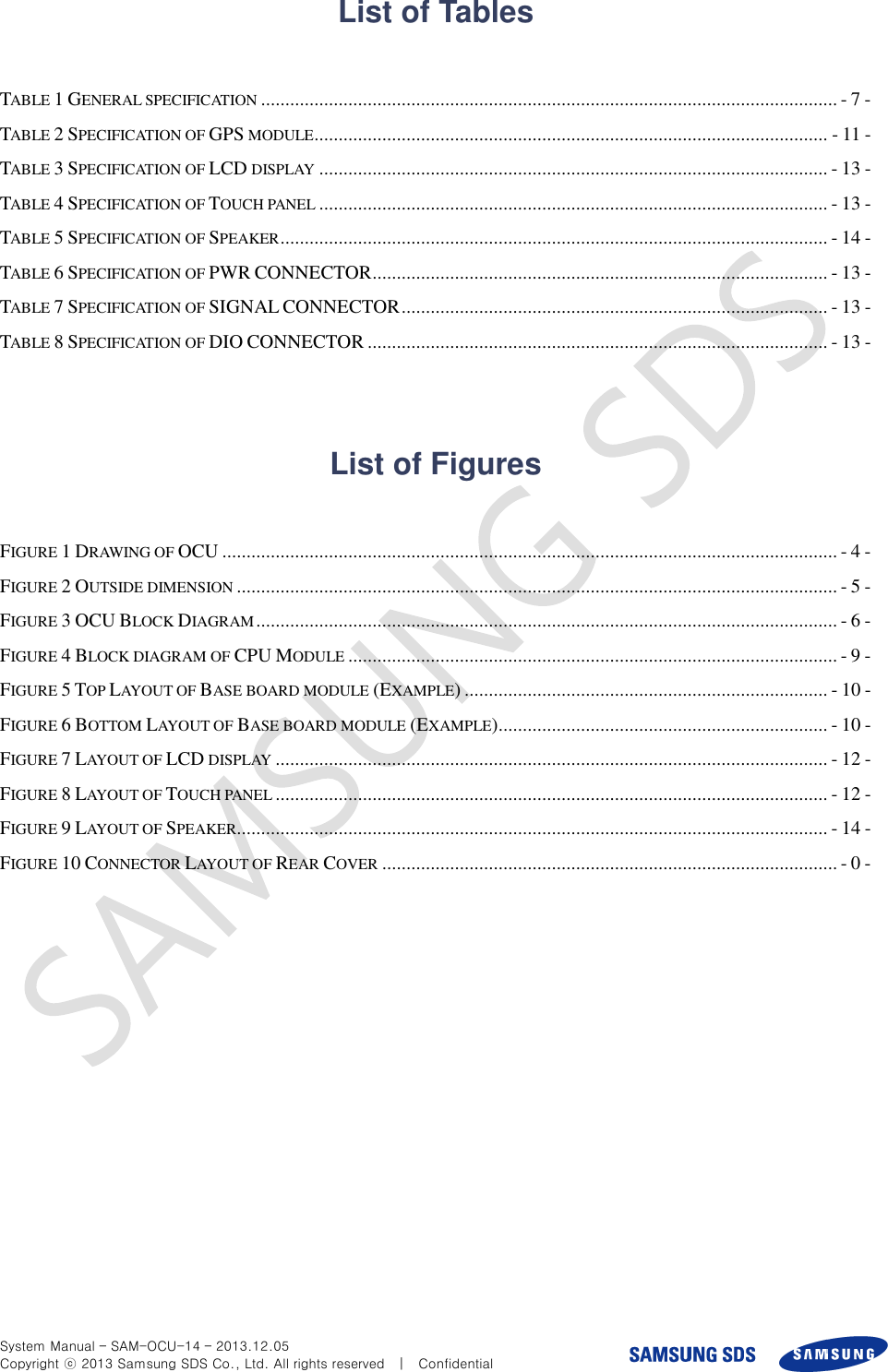  System Manual – SAM-OCU-14 – 2013.12.05 Copyright ⓒ 2013 Samsung SDS Co., Ltd. All rights reserved    |    Confidential List of Tables    TABLE 1 GENERAL SPECIFICATION ....................................................................................................................... - 7 - TABLE 2 SPECIFICATION OF GPS MODULE .......................................................................................................... - 11 - TABLE 3 SPECIFICATION OF LCD DISPLAY ......................................................................................................... - 13 - TABLE 4 SPECIFICATION OF TOUCH PANEL ......................................................................................................... - 13 - TABLE 5 SPECIFICATION OF SPEAKER ................................................................................................................. - 14 - TABLE 6 SPECIFICATION OF PWR CONNECTOR .............................................................................................. - 13 - TABLE 7 SPECIFICATION OF SIGNAL CONNECTOR ........................................................................................ - 13 - TABLE 8 SPECIFICATION OF DIO CONNECTOR ............................................................................................... - 13 -   List of Figures  FIGURE 1 DRAWING OF OCU ............................................................................................................................... - 4 - FIGURE 2 OUTSIDE DIMENSION ............................................................................................................................ - 5 - FIGURE 3 OCU BLOCK DIAGRAM ........................................................................................................................ - 6 - FIGURE 4 BLOCK DIAGRAM OF CPU MODULE ..................................................................................................... - 9 - FIGURE 5 TOP LAYOUT OF BASE BOARD MODULE (EXAMPLE) ........................................................................... - 10 - FIGURE 6 BOTTOM LAYOUT OF BASE BOARD MODULE (EXAMPLE) .................................................................... - 10 - FIGURE 7 LAYOUT OF LCD DISPLAY .................................................................................................................. - 12 - FIGURE 8 LAYOUT OF TOUCH PANEL .................................................................................................................. - 12 - FIGURE 9 LAYOUT OF SPEAKER.......................................................................................................................... - 14 - FIGURE 10 CONNECTOR LAYOUT OF REAR COVER .............................................................................................. - 0 -  