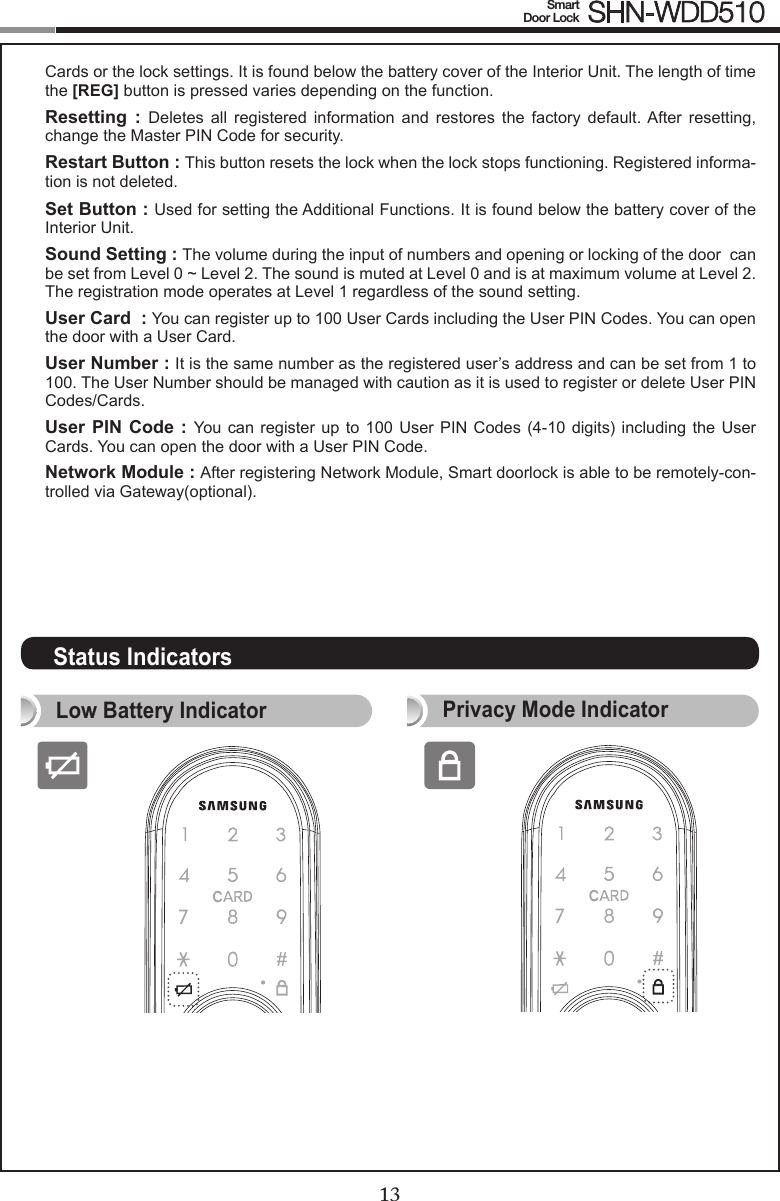 1213Smart  Door Lock SHN-WDD510Status IndicatorsPrivacy Mode IndicatorLow Battery IndicatorCards or the lock settings. It is found below the battery cover of the Interior Unit. The length of time the [REG] button is pressed varies depending on the function. Resetting  :  Deletes  all  registered  information  and  restores  the  factory  default.  After  resetting, change the Master PIN Code for security.Restart Button : This button resets the lock when the lock stops functioning. Registered informa-tion is not deleted.Set Button : Used for setting the Additional Functions. It is found below the battery cover of the Interior Unit. Sound Setting : The volume during the input of numbers and opening or locking of the door  can be set from Level 0 ~ Level 2. The sound is muted at Level 0 and is at maximum volume at Level 2. The registration mode operates at Level 1 regardless of the sound setting.User Card  : You can register up to 100 User Cards including the User PIN Codes. You can open the door with a User Card.User Number : It is the same number as the registered user’s address and can be set from 1 to 100. The User Number should be managed with caution as it is used to register or delete User PIN Codes/Cards.User PIN Code : You can  register  up  to 100 User PIN  Codes  (4-10  digits) including the User Cards. You can open the door with a User PIN Code.Network Module : After registering Network Module, Smart doorlock is able to be remotely-con-trolled via Gateway(optional).