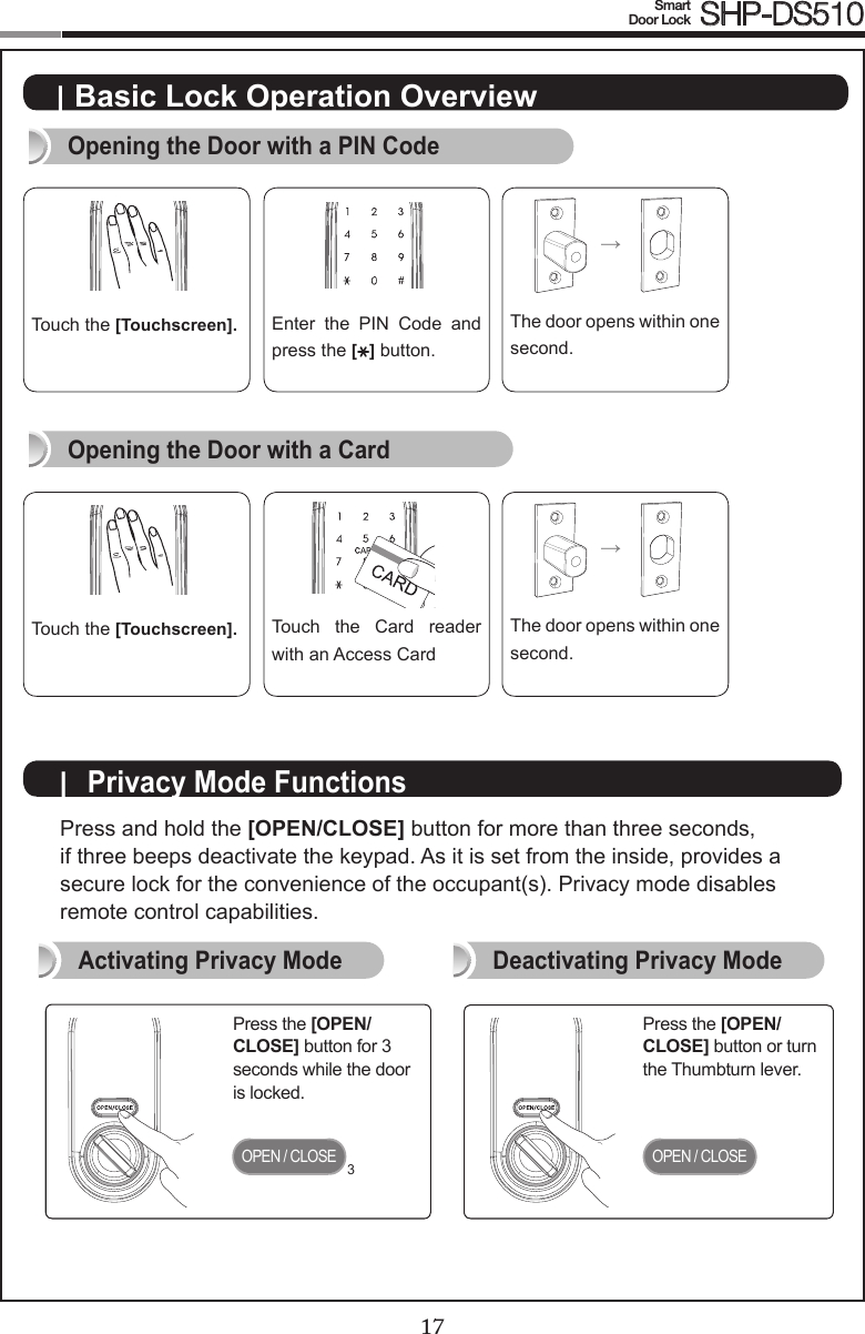 1617Smart  Door Lock SHP-DS510Touch  the  Card  reader with an Access Card| Basic Lock Operation Overview Opening the Door with a PIN CodeOpening the Door with a Card|  Privacy Mode Functions                     Press the [OPEN/CLOSE] button for 3 seconds while the door is locked.Press the [OPEN/CLOSE] button or turn the Thumbturn lever.Activating Privacy Mode Deactivating Privacy ModeOPEN / CLOSEOPEN / CLOSE3Enter  the  PIN  Code  and press the [ ] button.Touch the [Touchscreen].→The door opens within one second.Touch the [Touchscreen].→The door opens within one second.Press and hold the [OPEN/CLOSE] button for more than three seconds,  if three beeps deactivate the keypad. As it is set from the inside, provides a secure lock for the convenience of the occupant(s). Privacy mode disables remote control capabilities.