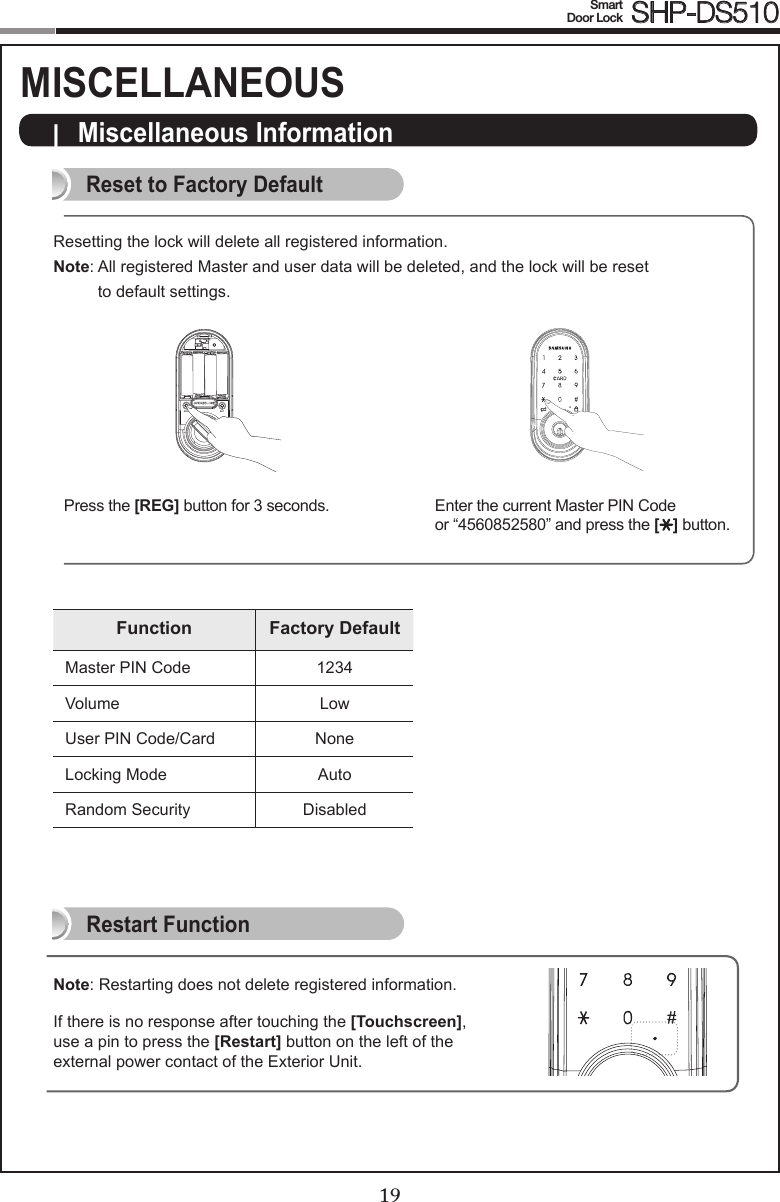 1819Smart  Door Lock SHP-DS510|  Miscellaneous InformationReset to Factory DefaultRestart FunctionNote: Restarting does not delete registered information.If there is no response after touching the [Touchscreen], use a pin to press the [Restart] button on the left of the external power contact of the Exterior Unit. REG SETPress the [REG] button for 3 seconds. Enter the current Master PIN Code  or “4560852580” and press the [ ] button.Resetting the lock will delete all registered information.Note:  All registered Master and user data will be deleted, and the lock will be reset  to default settings.Function Factory DefaultMaster PIN Code 1234Volume LowUser PIN Code/Card NoneLocking Mode AutoRandom Security DisabledMISCELLANEOUS