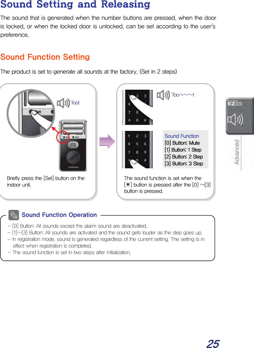  25 Sound Setting and Releasing The sound that is generated when the number buttons are pressed, when the door is locked, or when the locked door is unlocked, can be set according to the user&apos;s preference.  Sound Function Setting The product is set to generate all sounds at the factory. (Set in 2 steps)                              - [0] Button: All sounds except the alarm sound are deactivated. - [1]~[3] Button: All sounds are activated and the sound gets louder as the step goes up.- In registration mode, sound is generated regardless of the current setting. The setting is in effect when registration is completed. - The sound function is set in two steps after initialization. Sound Function OperationThe sound function is set when the  [¾] button is pressed after the [0] ~[3] button is pressed.Sound Function [0] Button: Mute [1] Button: 1 Step[2] Button: 2 Step[3] Button: 3 StepToo~~~tBriefly press the [Set] button on the indoor unit. Toot 