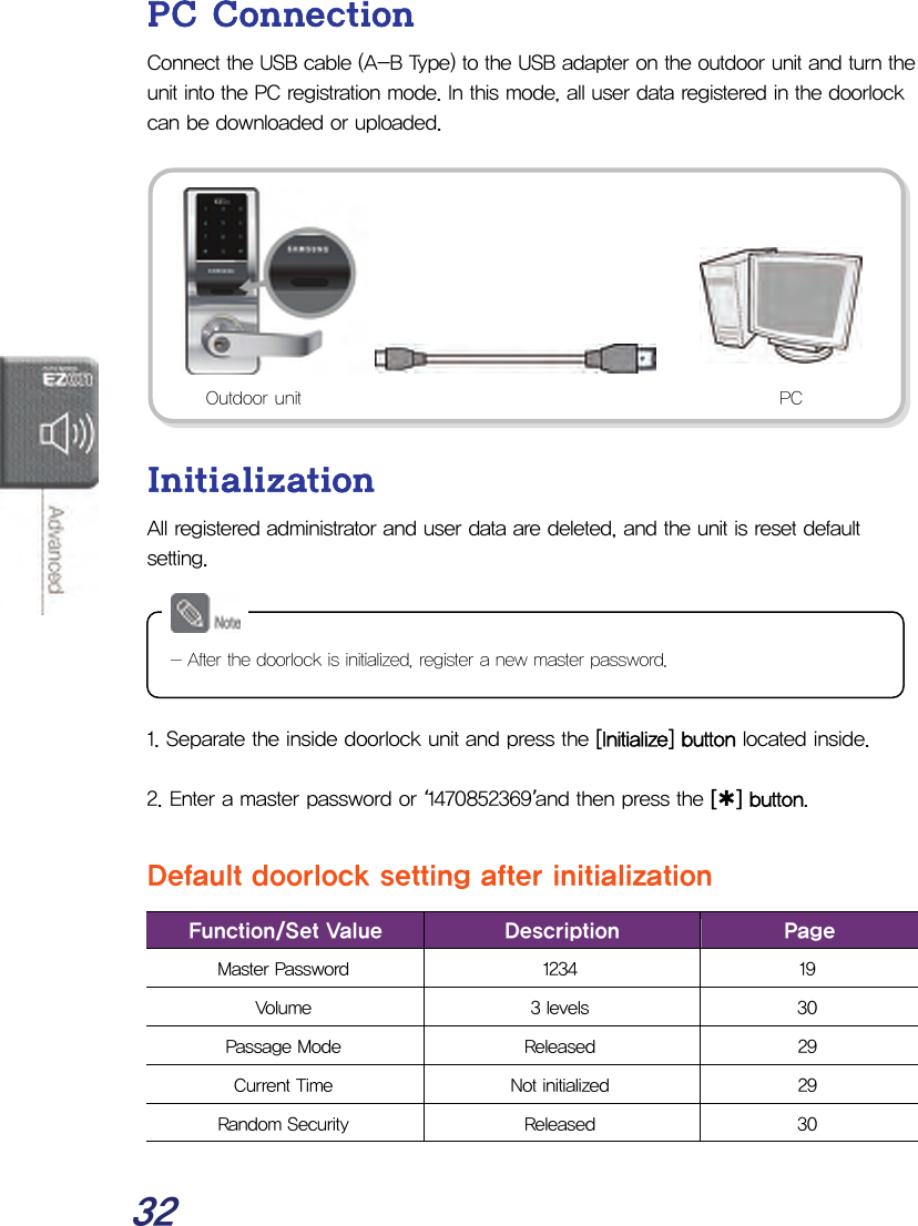  32 PC Connection Connect the USB cable (A-B Type) to the USB adapter on the outdoor unit and turn the unit into the PC registration mode. In this mode, all user data registered in the doorlock can be downloaded or uploaded.           Initialization All registered administrator and user data are deleted, and the unit is reset default setting.      1. Separate the inside doorlock unit and press the [Initialize] button located inside.  2. Enter a master password or ‘1470852369’and then press the [¿] button.  Default doorlock setting after initialization Function/Set Value  Description  Page Master Password  1234  19 Volume  3 levels  30 Passage Mode  Released  29 Current Time  Not initialized  29 Random Security  Released  30  - After the doorlock is initialized, register a new master password. Outdoor unit PC 