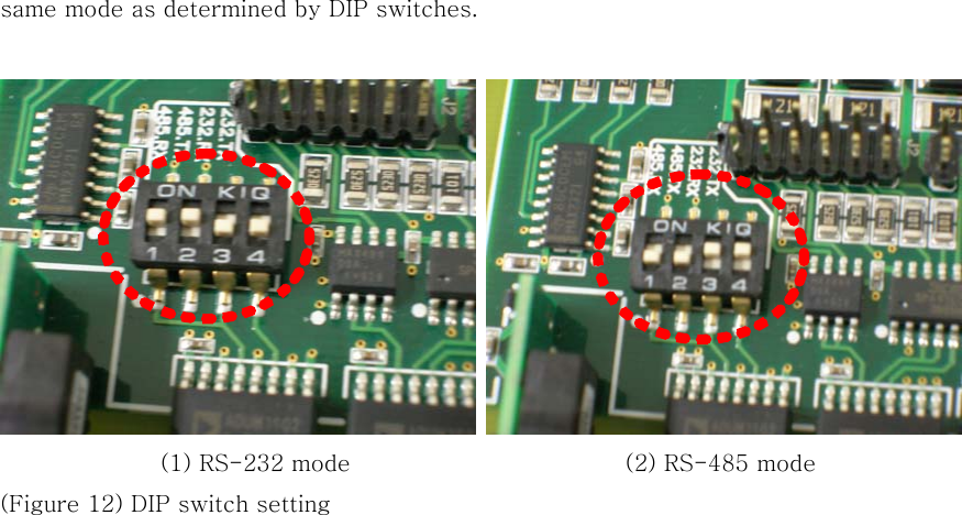 same mode as determined by DIP switches.                                 (1) RS-232 mode                                                (2) RS-485 mode (Figure 12) DIP switch setting   