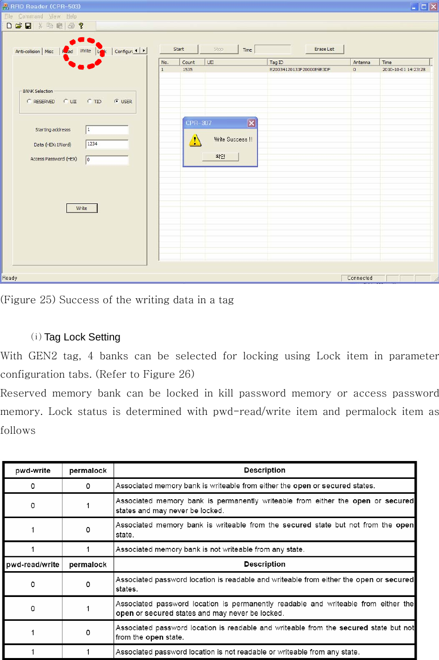  (Figure 25) Success of the writing data in a tag  ⒤ Tag Lock Setting With GEN2 tag, 4 banks can be selected for locking using Lock item  in  parameter configuration tabs. (Refer to Figure 26)   Reserved  memory  bank  can  be  locked  in  kill  password  memory  or  access  password memory.  Lock  status  is  determined  with  pwd-read/write  item  and  permalock  item  as follows   
