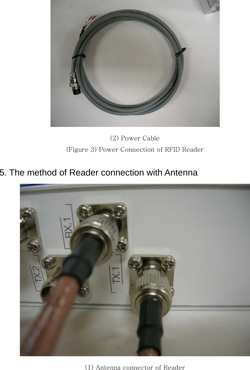  (2) Power Cable (Figure 3) Power Connection of RFID Reader  5. The method of Reader connection with Antenna  (1) Antenna connector of Reader   