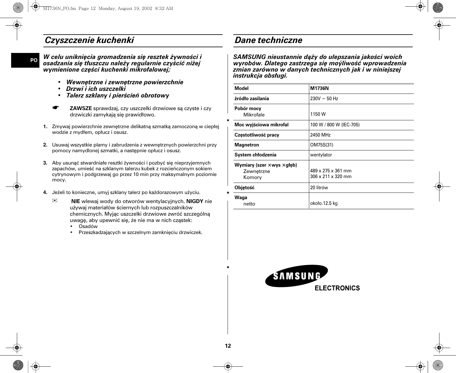 Page 12 of 12 - Samsung M1736N_PO M1736N 20030311122431193 DE68-02303E