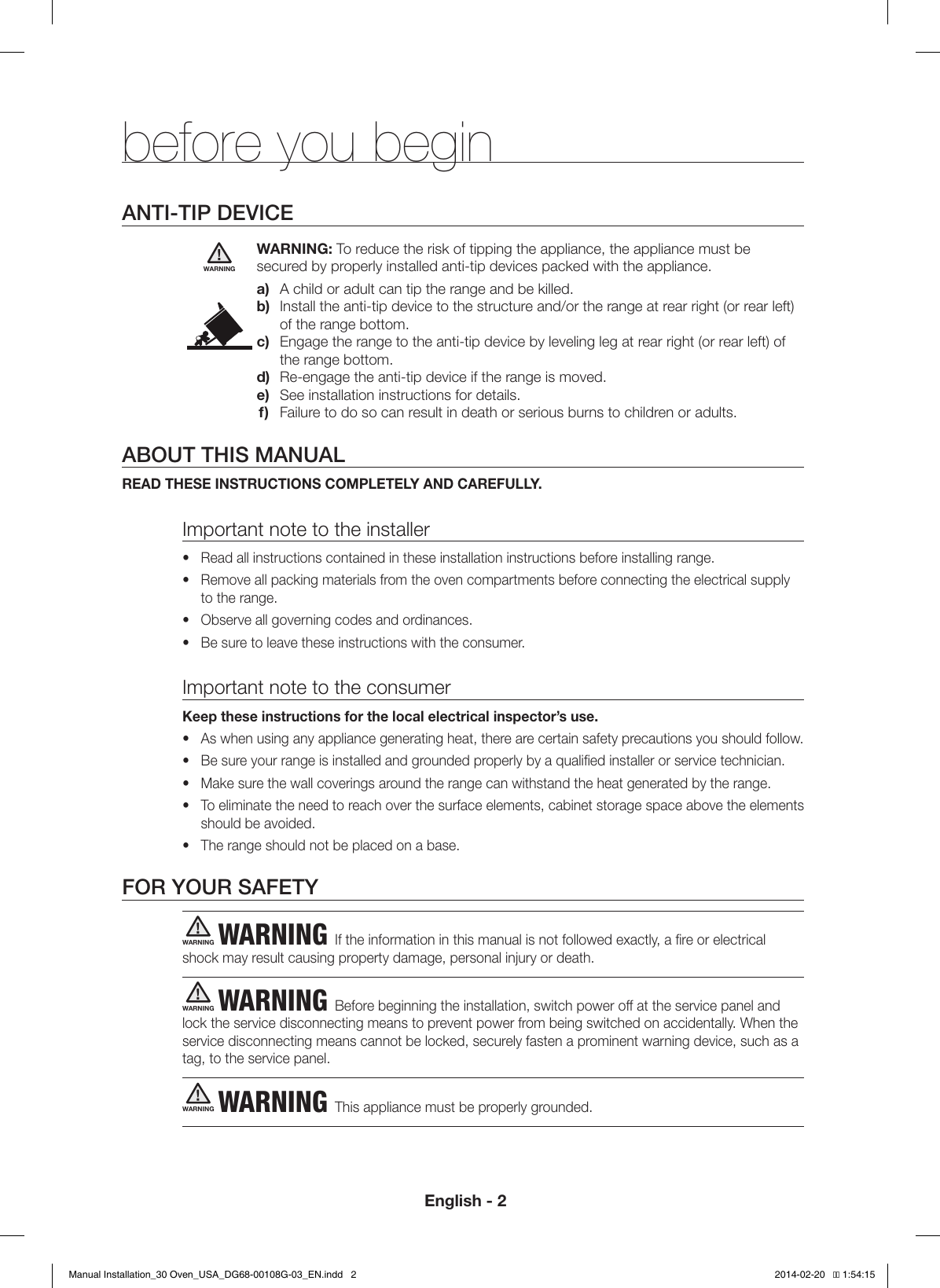 Page 2 of 12 - Samsung  (1.4 MB) Installaion 30 Oven USA DG68-00108G-03 EN