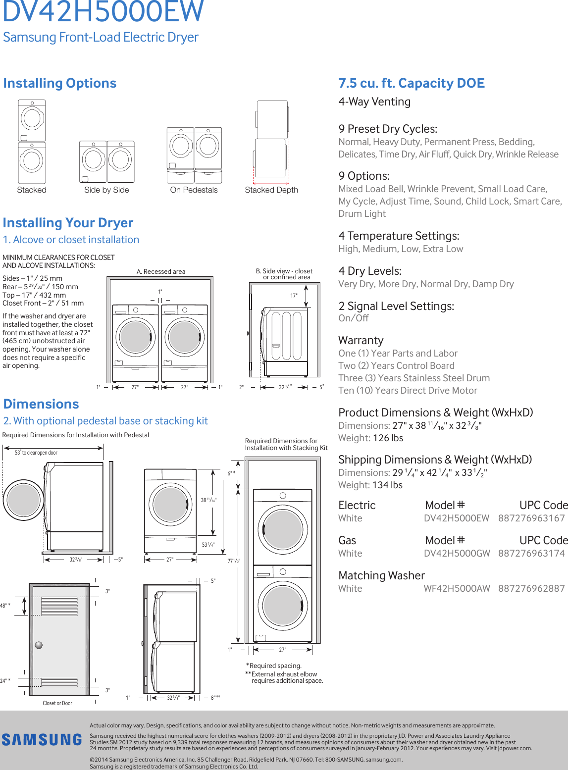 Samsung Dv42H5000Ew A3 Specification Sheet