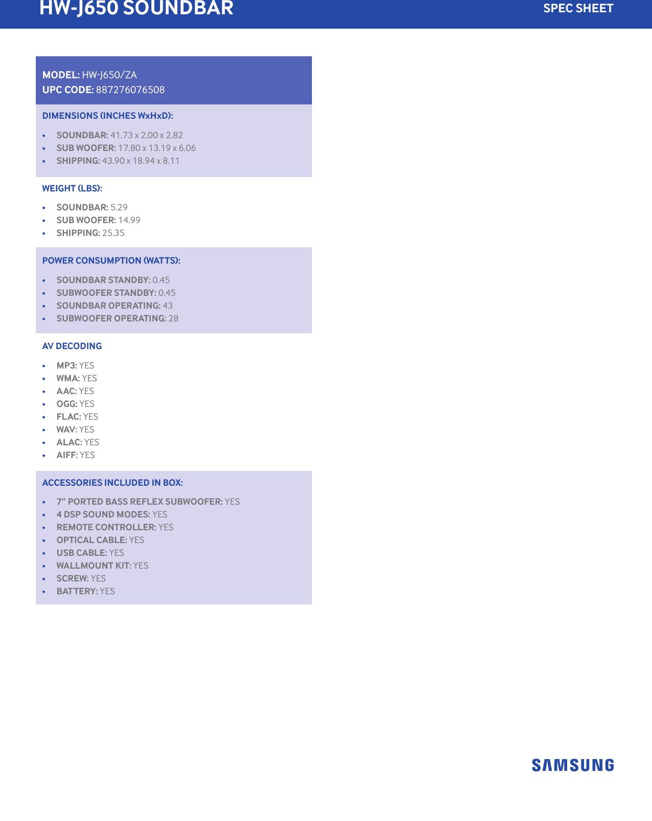 Page 2 of 2 - Samsung Samsung-Hw-J650-Za-Specification-Sheet-  Samsung-hw-j650-za-specification-sheet