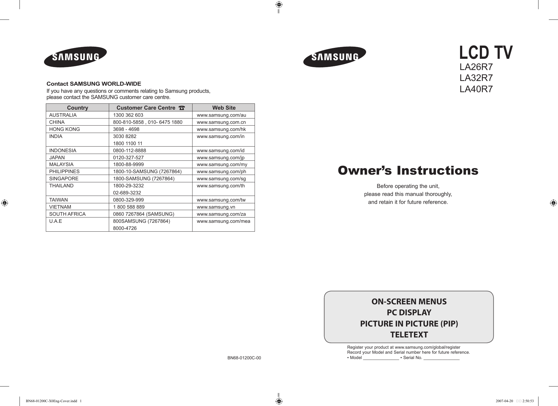 Samsung La26R7 Users Manual