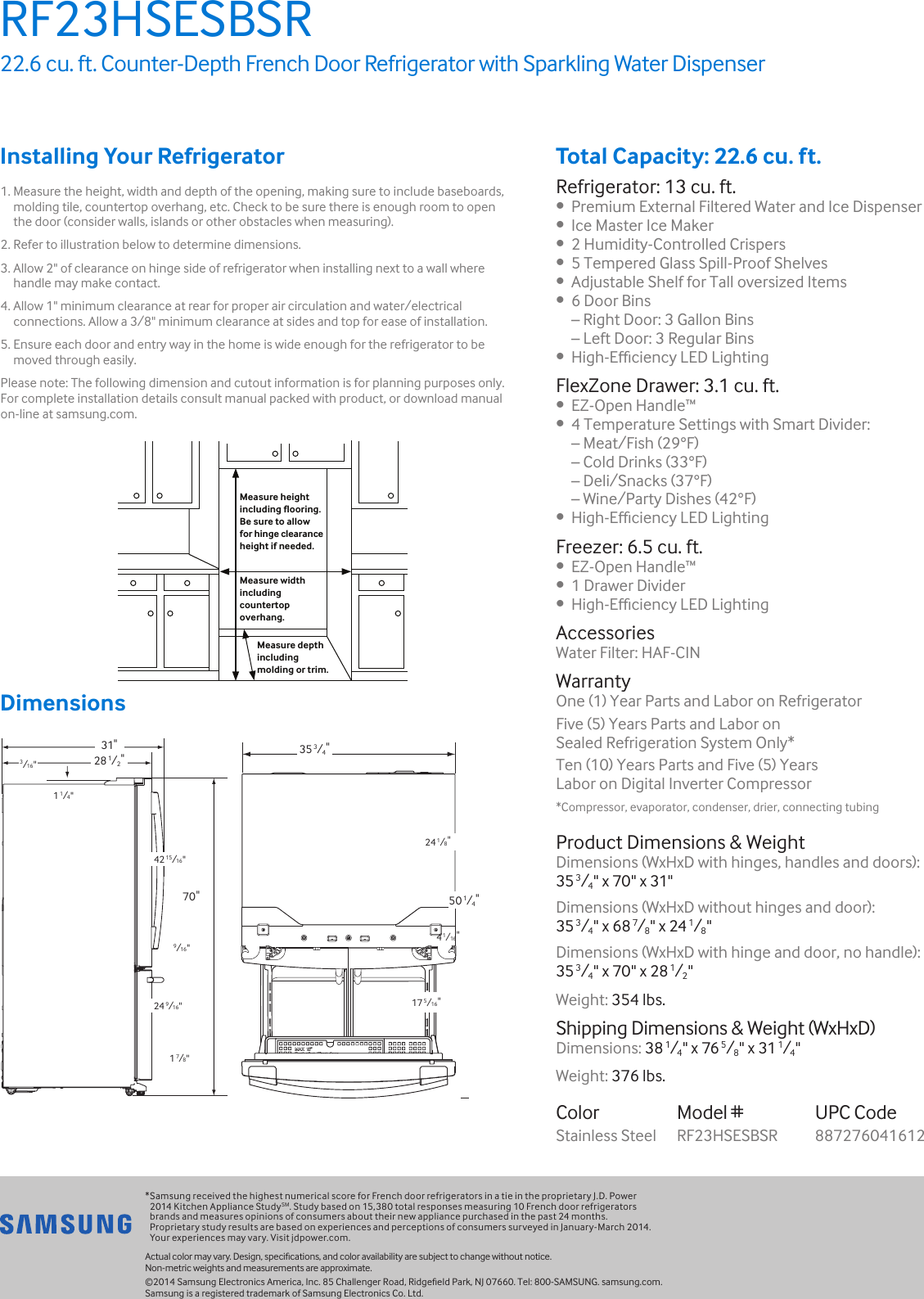 Page 2 of 2 - Samsung Samsung-Rf23Hsesbsr-Aa-Specification-Sheet-  Samsung-rf23hsesbsr-aa-specification-sheet