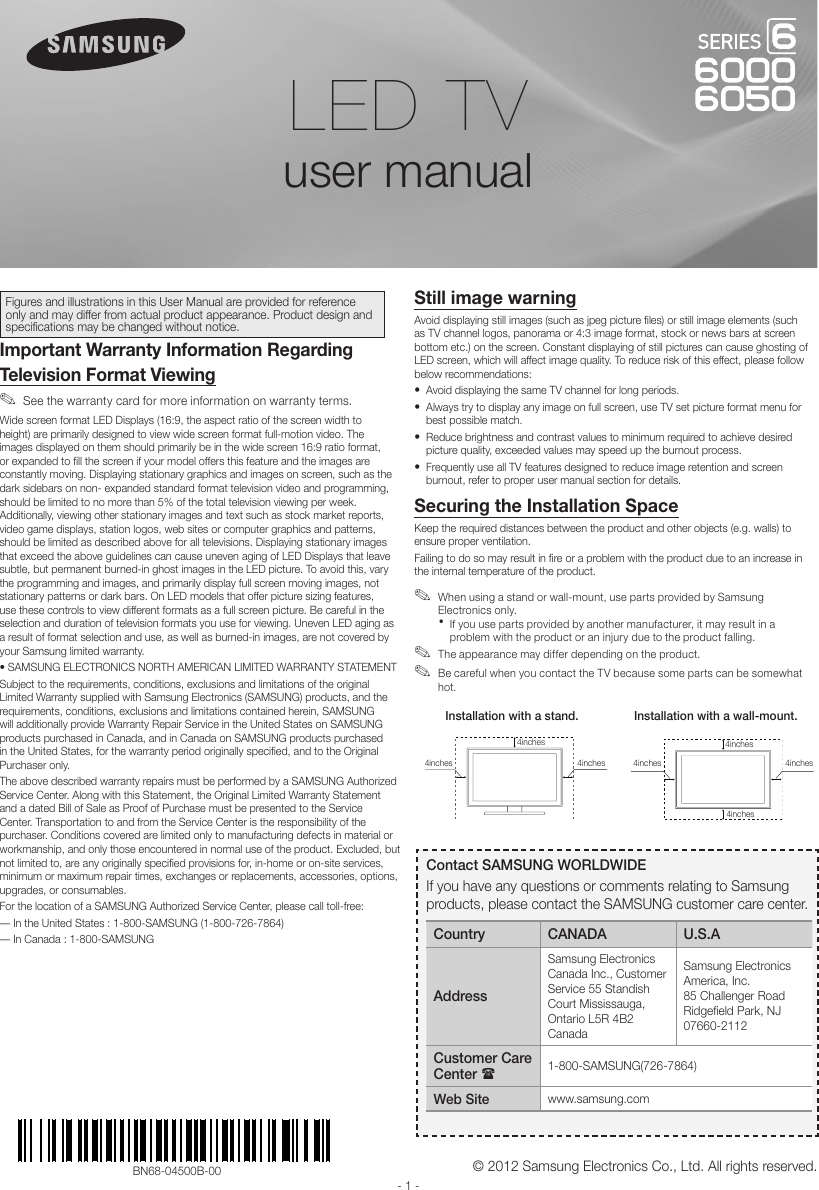 Samsung Un46eh6000 46 1080p Led Lcd Tv 16 9 Hdtv Un46eh6000fxza Users Manual