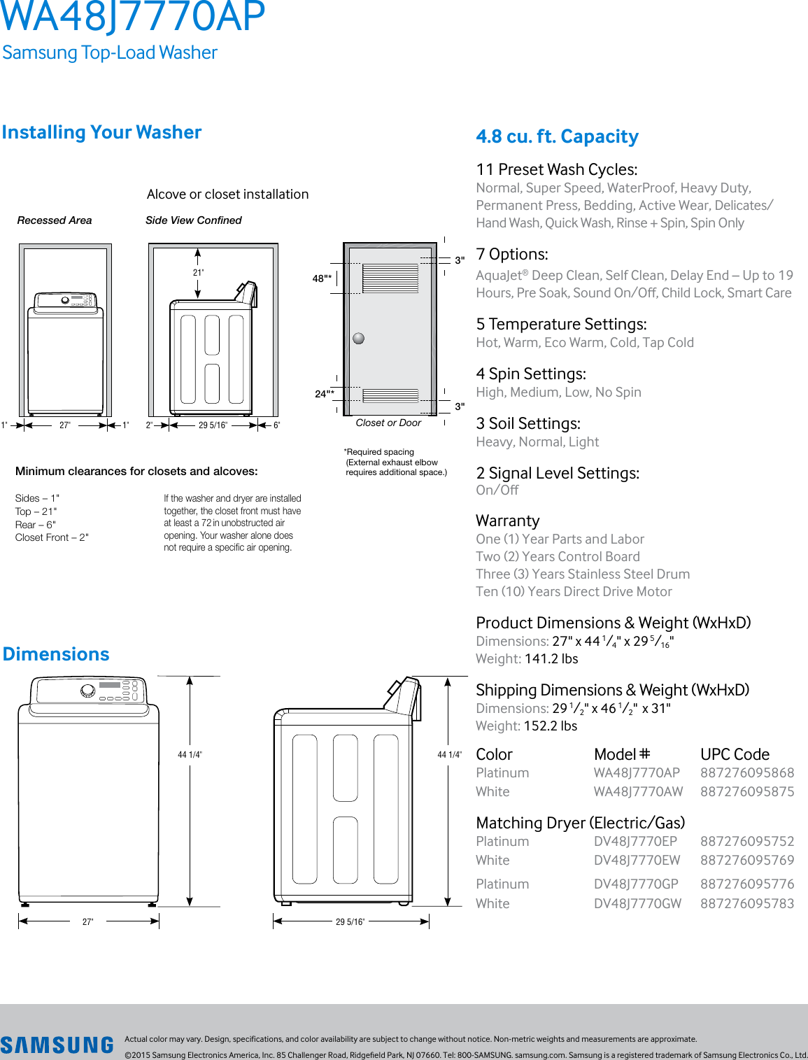 Samsung Wa48J7770Ap A2 Specification Sheet