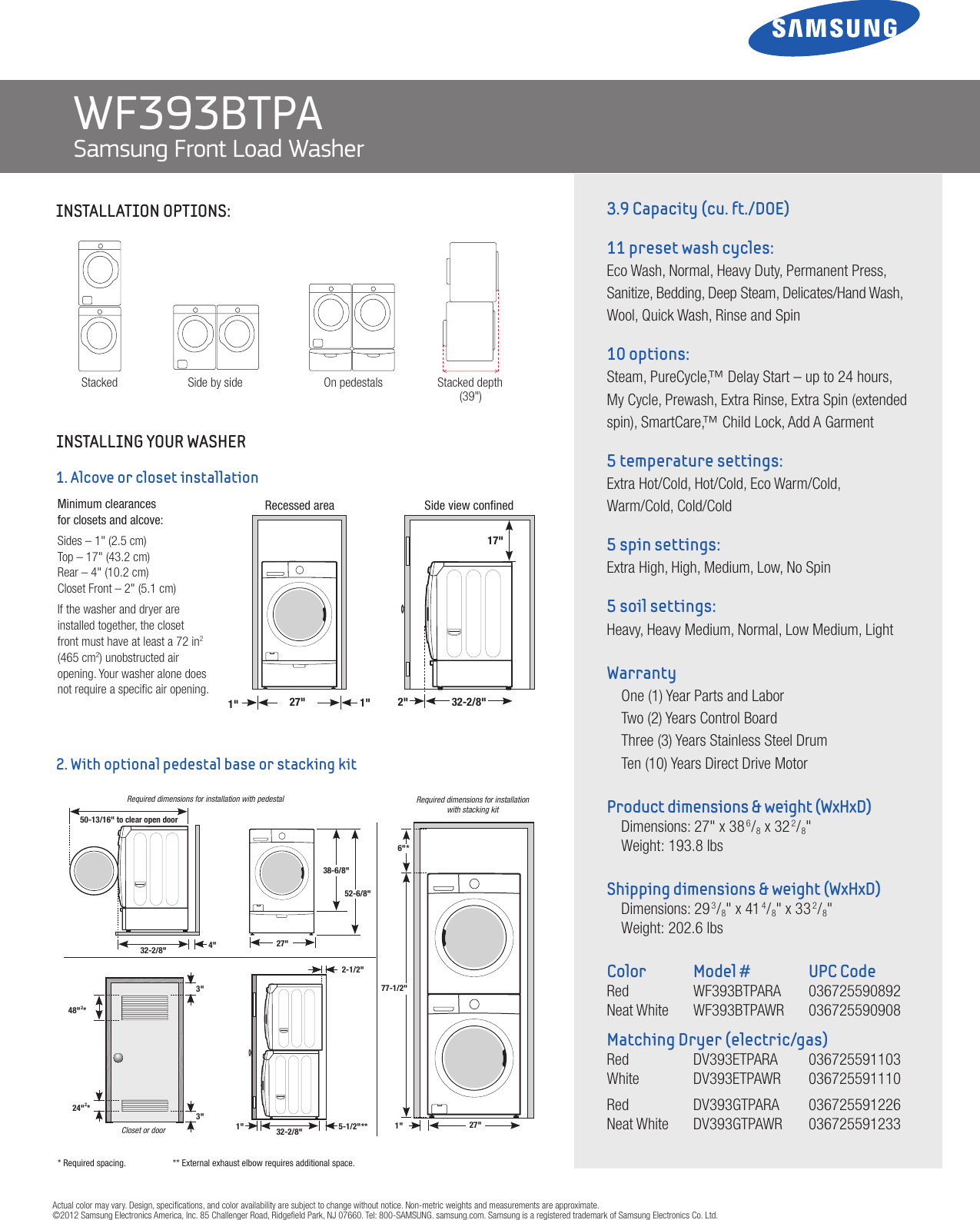 Samsung Wf393Btpawr A2 Specification Sheet