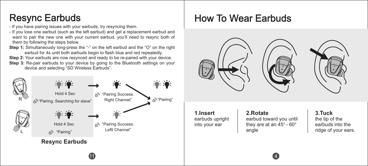 LRHold 4 Sec&ldquo;Pairing, Searching for slave&rdquo;Hold 4 Sec&ldquo;Pairing&rdquo;Resync EarbudsResync Earbuds&ldquo;Pairing&rdquo;- If you have pairing issues with your earbuds, try resyncing them.- If you lose one earbud (such as the left earbud) and get a replacement earbud and want  to  pair  the  new  one  with  your  current  earbud,  you&rsquo;ll  need  to  resync  both  of them by following the steps below.Step 1: Simultaneously long-press the &ldquo;-&rdquo; on the left earbud and the &ldquo;O&rdquo; on the right earbud for 4s until both earbuds begin to flash blue and red repeatedly.Step 2: Your earbuds are now resynced and ready to be re-paired with your device.Step 3: Re-pair earbuds to your device by going to the  Bluetooth  settings  on  your device and selecting &ldquo;SD Wireless Earbuds&rdquo;.&ldquo;Pairing Success.Leftt Channel&rdquo;&ldquo;Pairing Success.Right Channel&rdquo;11How To Wear Earbuds1.Insertearbuds upright into your ear3.Tuckthe tip of theearbuds into theridge of your ears.2.Rotateearbud toward you they are at an 45  - 60angleuntil4
