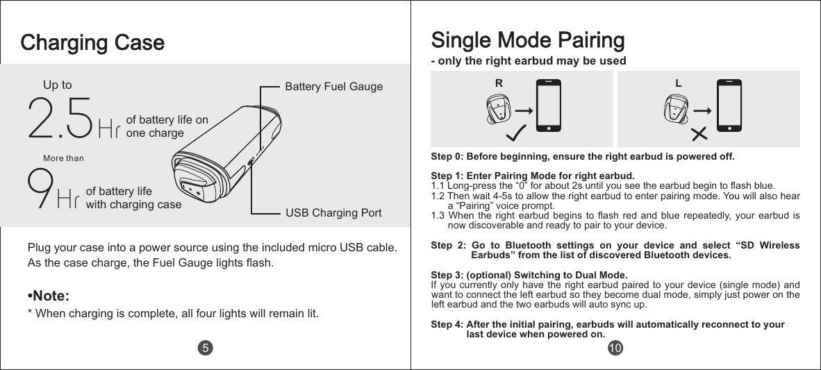 Single Mode Pairing- only the right earbud may be usedStep 0: Before beginning, ensure the right earbud is powered off. Step 1: Enter Pairing Mode for right earbud.1.1 Long-press the &ldquo;0&rdquo; for about 2s until you see the earbud begin to flash blue.1.2 Then wait 4-5s to allow the right earbud to enter pairing mode. You will also hear a &ldquo;Pairing&rdquo; voice prompt.1.3 When the  right  earbud  begins  to  flash  red  and  blue  repeatedly, your earbud is now discoverable and ready to pair to your device.Step  2:  Go  to  Bluetooth  settings  on  your  device  and  select  &ldquo;SD  Wireless Earbuds&rdquo; from the list of discovered Bluetooth devices.Step 3: (optional) Switching to Dual Mode.If you currently only have the right earbud paired to your device (single mode) and want to connect the left earbud so they become dual mode, simply just power on the left earbud and the two earbuds will auto sync up.Step 4: After the initial pairing, earbuds will automatically reconnect to your               last device when powered on.R L10Charging CaseUp to2.5 of battery life onone chargeof battery lifewith charging case9HrMore thanPlug your case into a power source using the included micro USB cable. As the case charge, the Fuel Gauge lights flash.&bull;Note:* When charging is complete, all four lights will remain lit.Hr5Battery Fuel GaugeUSB Charging Port