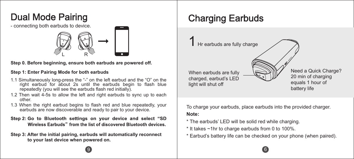 Charging EarbudsWhen earbuds are fully charged, earbud&rsquo;s LED light will shut offTo charge your earbuds, place earbuds into the provided charger. Note: * The earbuds&rsquo; LED will be solid red while charging.* It takes ~1hr to charge earbuds from 0 to 100%.* Earbud&rsquo;s battery life can be checked on your phone (when paired). 6Step 0. Before beginning, ensure both earbuds are powered off. Step 1: Enter Pairing Mode for both earbuds1.1 Simultaneously long-press the &ldquo;-&rdquo; on the left earbud and the &ldquo;O&rdquo; on the right  earbud  for  about  2s  until  the  earbuds  begin  to  flash  blue repeatedly (you will see the earbuds flash red initially).1.2 Then wait 4-5s  to  allow  the left  and  right  earbuds to  sync  up  to each other.1.3  When  the  right  earbud  begins  to  flash  red  and  blue  repeatedly,  your earbuds are now discoverable and ready to pair to your device.Step 3: After the initial pairing, earbuds will automatically reconnect             to your last device when powered on.Dual Mode Pairing- connecting both earbuds to device.L R9Need a Quick Charge? 20 min of charging equals 1 hour of battery life1 Hr earbuds are fully charge 