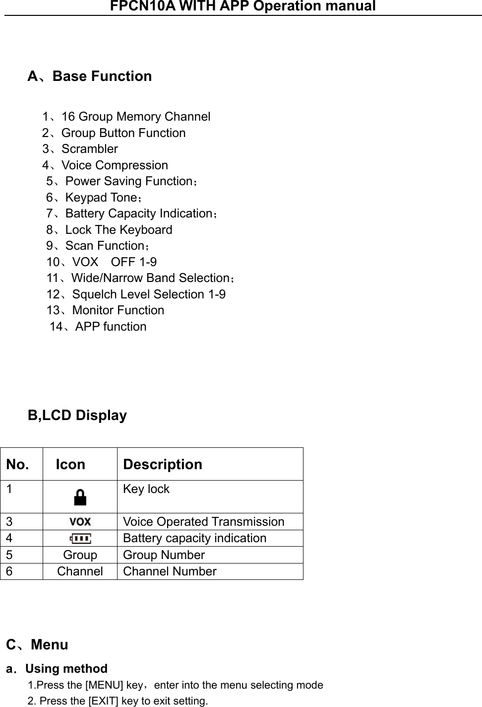 FPCN10A WITH APP Operation manual                          A、Base Function  1、16 Group Memory Channel   2、Group Button Function   3、Scrambler 4、Voice Compression      5、Power Saving Function；    6、Keypad Tone；    7、Battery Capacity Indication；    8、Lock The Keyboard      9、Scan Function；    10、VOX    OFF 1-9    11、Wide/Narrow Band Selection；    12、Squelch Level Selection 1-9    13、Monitor Function  14、APP function             B,LCD Display  No.    Icon  Description 1  Key lock 3   Voice Operated Transmission 4   Battery capacity indication 5  Group  Group Number 6  Channel  Channel Number    C、Menu a．Using method 1.Press the [MENU] key，enter into the menu selecting mode   2. Press the [EXIT] key to exit setting.     