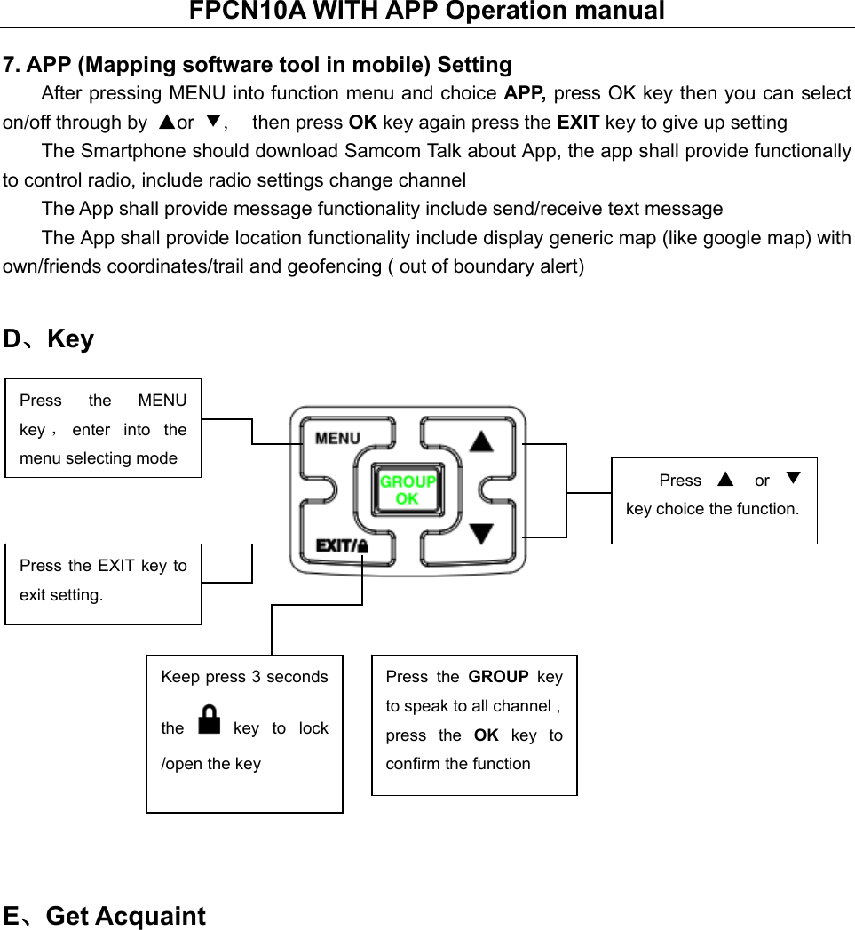 FPCN10A WITH APP Operation manual  7. APP (Mapping software tool in mobile) Setting After pressing MENU into function menu and choice APP, press OK key then you can select on/off through by  ▲or  ▼,   then press OK key again press the EXIT key to give up setting   The Smartphone should download Samcom Talk about App, the app shall provide functionally to control radio, include radio settings change channel   The App shall provide message functionality include send/receive text message   The App shall provide location functionality include display generic map (like google map) with own/friends coordinates/trail and geofencing ( out of boundary alert)   D、Key       E、Get Acquaint  Press  the  MENU   key ，enter  into  the menu selecting mode   Press the  EXIT key to exit setting. Press  ▲ or ▼ key choice the function. Keep press 3 seconds the    key  to  lock /open the key Press  the  GROUP  key to speak to all channel , press  the  OK key to confirm the function 