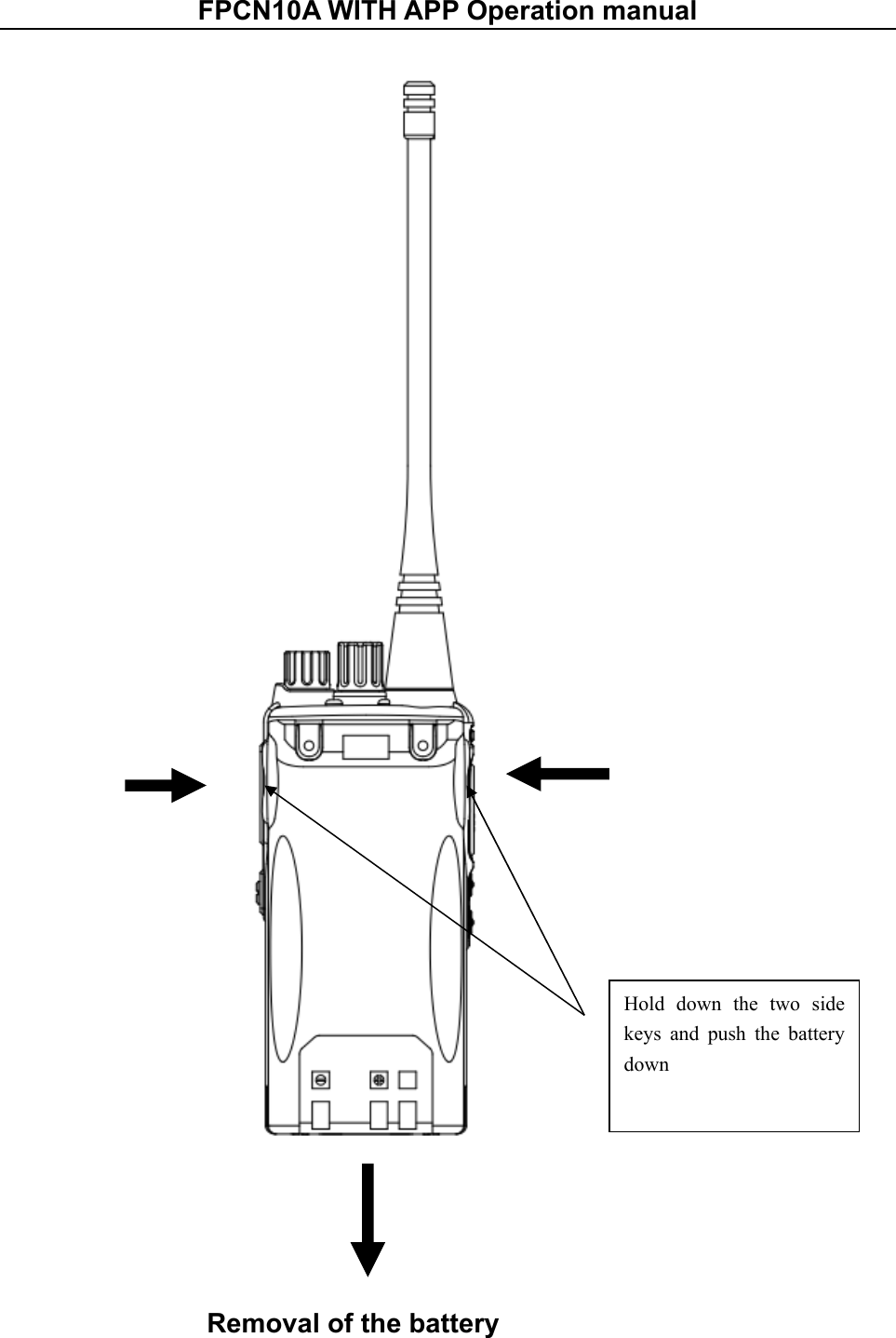 FPCN10A WITH APP Operation manual     Removal of the battery  Hold  down  the  two  side keys  and  push  the  battery down 