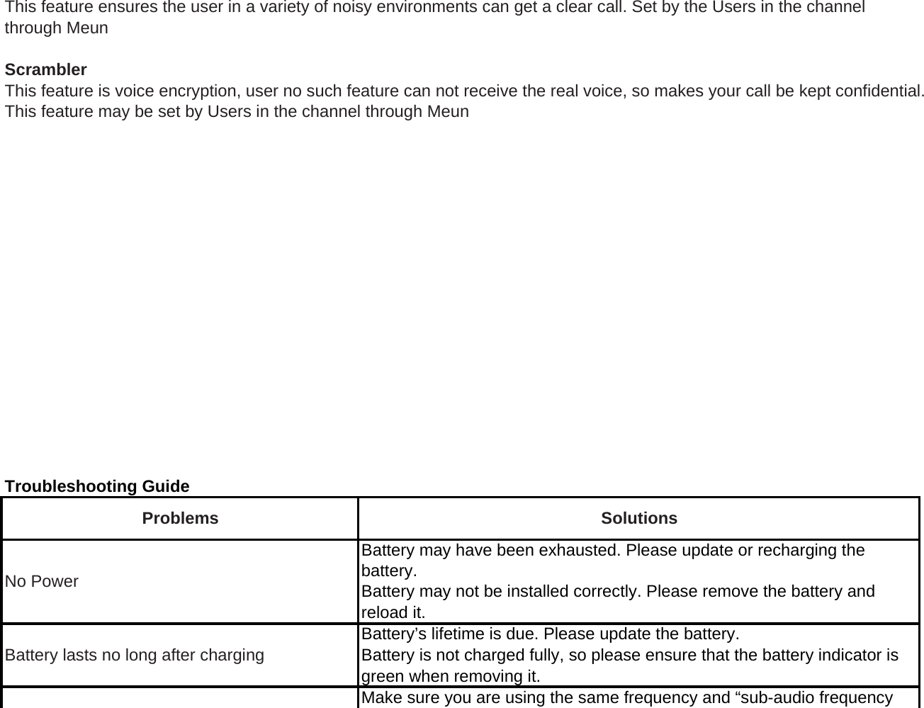 This feature ensures the user in a variety of noisy environments can get a clear call. Set by the Users in the channel through MeunScramblerThis feature is voice encryption, user no such feature can not receive the real voice, so makes your call be kept confidential.This feature may be set by Users in the channel through MeunTroubleshooting GuideBattery may have been exhausted. Please update or recharging thebattery.Battery may not be installed correctly. Please remove the battery and reload it.Battery&rsquo;s lifetime is due. Please update the battery.Battery is not charged fully, so please ensure that the battery indicator isgreen when removing it.Make sure you are using the same frequency and &ldquo;sub-audio frequencyBattery lasts no long after chargingSolutionsProblemsNo Power