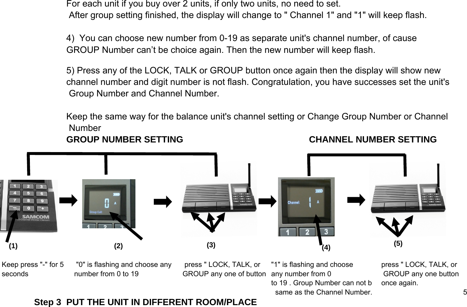              For each unit if you buy over 2 units, if only two units, no need to set. After group setting finished, the display will change to " Channel 1" and "1" will keep flash. 4)  You can choose new number from 0-19 as separate unit's channel number, of cause GROUP Number can&rsquo;t be choice again. Then the new number will keep flash.5) Press any of the LOCK, TALK or GROUP button once again then the display will show new channel number and digit number is not flash. Congratulation, you have successes set the unit's Group Number and Channel Number.Keep the same way for the balance unit's channel setting or Change Group Number or Channel NumberGROUP NUMBER SETTING CHANNEL NUMBER SETTINGKeep press "-" for 5      "0" is flashing and choose any       press " LOCK, TALK, or  "1" is flashing and choose      press " LOCK, TALK, orseconds     number from 0 to 19      GROUP any one of button any number from 0      GROUP any one buttonto 19 . Group Number can not b    once again.  same as the Channel Number. 5Step 3  PUT THE UNIT IN DIFFERENT ROOM/PLACE(1) (2) (3) (4) (5)