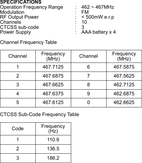 SPECIFICATIONS Operation Frequency Range  :    462 ~ 467MHz Modulation     :  FM RF Output Power      :    < 500mW e.r.p Channels       :  10 CTCSS sub-code      :    3 Power Supply      :    AAA battery x 4  Channel Frequency Table  Channel  Frequency (MHz)  Channel  Frequency (MHz) 1  467.7125  6  467.5875 2  467.6875  7  467.5625 3  467.6625  8  462.7125 4  467.6375  9  462.6875 5  467.6125  0  462.6625 CTCSS Sub-Code Frequency Table  Code  Frequency (Hz) 1  110.9 2  136.5 3  186.2 