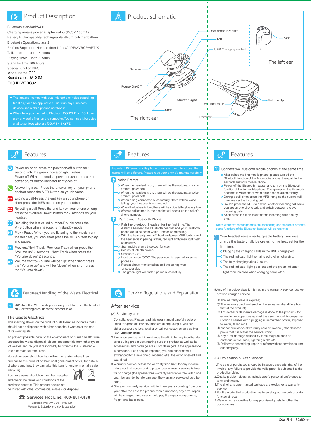 Product DescriptionMFBIndicator LightEarphone BracketMICProduct schematicFeatures Features FeaturesFeatures/Handling of the Waste ElectricalService Regulations and ExplanationG02_尺寸：60x80mmBluetooth standard:V4.0Charging means:power adapter output(DC5V 150mA)Battery:High-capability rechargeable lithium polymer batteryBluetooth Operation:class 2Profiles Supported:Headset/handsfree/A2DP/AVRCP/APT-XTalk time:        up to 8 hoursPlaying time:   up to 8 hoursStand by time:100 hoursSpecial function:NFCVolume UpVolume DownUSB Charging socketReceiverReceiverPower On/OffThe waste ElectricalThis marking shown on the product or its literature indicates that itshould not be disposed with other household wastes at the end of its working life.Household user should contact either the retailer where they purchased this product or their local government office, for details of where and how they can take this item for environmentally safe recycling.To prevent possible harm to the environment or human health from uncontrolled waste disposal, please separate this from other types of wastes and recycle it responsibly to promote the sustainable reuse of material resources.Business users should contact their supplier and check the terms and conditions of the purchase contract. This product should not be mixed with other commercial wastes for disposal.(B) Explanation of After Service:Services Hot Line: 400-881-0138Services time: AM 9:00 – PM6 :00 Monday to Saturday (holiday is exclusive)1.The date of purchased should be in accordance with that of the   invoice, any failure to provide the valid proof, is subjected to the    production date.2.Quality problem does not include user’s personal preference to    tone and timbre.3.The shell and user manual package are exclusive to warranty    service.4.For the model that production has been stopped, we only provide    functional repair.5.We are not responsible for any promises by retailer other than    our company.After service(A) Service system1.Consultancies: Please read this user manual carefully before    using this product. For any problem during using it, you can    either contact the local retailer or call our customer service Hot    Line: 2.Exchange service: within exchange time limit, for any indeliberate    error during proper use, making sure the product as well as its    accessories and package are all not damaged (if the appearance   is damaged, it can only be repaired) you can either have it       exchanged for a new one or repaired after the error is tested and    examined; 3.Warranty service: within the warranty time limit, for any indelibe-   rate error that occurs during proper use, warranty service is free    for no charge (the speaker has warranty service for free within one     year; for any deliberate damage, the warranty service should be    paid).4.Charged warranty service: within three years counting from one    year after the date the product was purchased, any error repair   will be charged; and user should pay the repair components,    freight and labor cost.① The warranty date is expired;② The warranty card is altered, or the series number differs from    that of the product;③ Accidental or deliberate damage is done to the product ( for     example: improper use against the user manual, improper set     up which causes error, plugging in unmatched power, exposed    to water, fallen etc.)④ cannot provide valid warranty card or invoice ( other but can     prove that it is within the service limit);⑤ Any error damage caused by force majeure such as     earthquake,fire, flood, lightning strike etc.   ⑥ Deliberate assembling, repair or reform without permission from    our company.5.Any of the below situation is not in the warranty service, but we    provide charged service:Power on-short press the power on/off button for 1second until the green indicator light flashes.Power off-With the headset power on,short press the power on/off button,indicator light goes off.Volume control-Volume will be “up” when short press the “Volume up” and will be “down” when short press the “Volume down”.Answering a call-Press the answer key on your phone or short press the MFB button on your headset.Ending a call-Press the end key on your phone or  short press the MFB button on your headset.Rejecting a call-Press the end key on your phone or long press the “Volume Down” button for 2 seconds on your headset.Redialing the last called number-Double press the MFB button when headset is in standby mode.Play / Pause-When you are listening to the music from the headset, you can short press the MFB button to play and pause.Previous/Next Track -Previous Track when press the “Volume up” 2 seconds.  Next Track when press the “Volume down” 2 seconds.Connect two Bluetooth mobile phones at the same timeAfter paired the first mobile phone, please turn off the Bluetooth function of the first mobile phone, then pair to the second Bluetooth mobile phone.Power off the Bluetooth headset and turn on the Bluetoothfunction of the first mobile phone. Then power on the Bluetoothheadset, it will connect two mobile phones automatically.During a call, short press the MFB, hang up the current call, then answer the incoming call.Double press the MFB to answer another incoming call whileyou are on one phone call, and switch between the two incoming calls.Short press the MFB to cut off the incoming calls one by one.Note: While two mobile phones are connecting one Bluetooth headset, some functions of the Bluetooth headset will be restricted.Plugging the charging cable in the USB charge port.The red indicator light remains solid when charging.The fully charging takes 2 hours.The red indicator light goes out and the green indicator light remains solid when charging completed.Your headset uses a rechargeable battery, you must charge the battery fully before using the headset for the first time.The headset comes with dual-microphone noise cancellingfunction,it can be applied to audio from any Bluetooth devices like mobile phones,notebooks.When being connected to Bluctooth DONGLE on PC,it can play any audio files on the computer.You can use it for voicechat to achieve wireless QQ.MSN.SKYPE. NFC The right earThe left earPair to your Bluetooth PhonePair the bluetooth headset for the first time,The distance between the Bluetooth headset and your Bluetooth phone would be better within 1 meter when pairing.With the headset power off, hold and press MFB. button until the headset is in pairing  status, red light and green light flash alternately.Start mobile phone bluetooth function.Search bluetooth device.Choose “G02”.Input pair code “0000”(The password is required for somephones.)Repeat above-mentioned steps if the pairing was unsuccessful.The green light will flash if paired successfully.NFC Function:The mobile phone only need to touch the headsetNFC detecting area when the headset is on.Voice PromptWhen the headset is on, there will be the automatic voiceprompt: power onWhen the headset is off, there will be the automatic voiceprompt: power offWhen being connected successfully, there will be voice telling: your headset is connectedWhen the battery is low, there will be voice telling:battery lowWhen a call comes in, the headset will speak up the caller’s phone number.Important:Different mobile phone brands or menu functions, theusage will be different. Please read your phone&apos;s manual carefully.Model name:G02Brand name:DACOMFCC ID:WTDG02