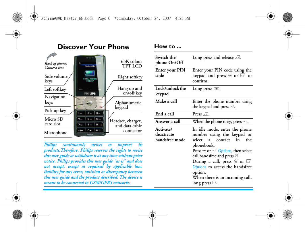 Discover Your PhonePhilips continuously strives to improve itsproducts.Therefore, Philips reserves the rights to revisethis user guide or withdraw it at any time without priornotice. Philips provides this user guide &ldquo;as is&rdquo; and doesnot accept, except as required by applicable law,liability for any error, omission or discrepancy betweenthis user guide and the product described. The device ismeant to be connected to GSM/GPRS networks.How to ...Alphanumeric keypadMicrophone 65K colourTFT LCDHang up andon/off keyLeft softkeyRight softkeyPick up keyBack of phone: Camera lensHeadset, charger,and data cableconnectorMicro SD card slotSide volume keysNavigationkeysSwitch the phone On/OffLong press and release ).Enter your PIN codeEnter your PIN code using thekeypad and press , or L toconfirm.Lock/unlock the keypadLong press *.Make a call Enter the phone number usingthe keypad and press (.End a call Press ).Answer a call When the phone rings, press (.Activate/deactivate handsfree modeIn idle mode, enter the phonenumber using the keypad orselect a contact in thephonebook.Press , or L Options, then selectcall handsfree and press ,.During a call, press , or LOptions to access the handsfreeoption.When there is an incoming call,long press (.Xenium9@9k_Master_EN.book  Page 0  Wednesday, October 24, 2007  4:23 PM