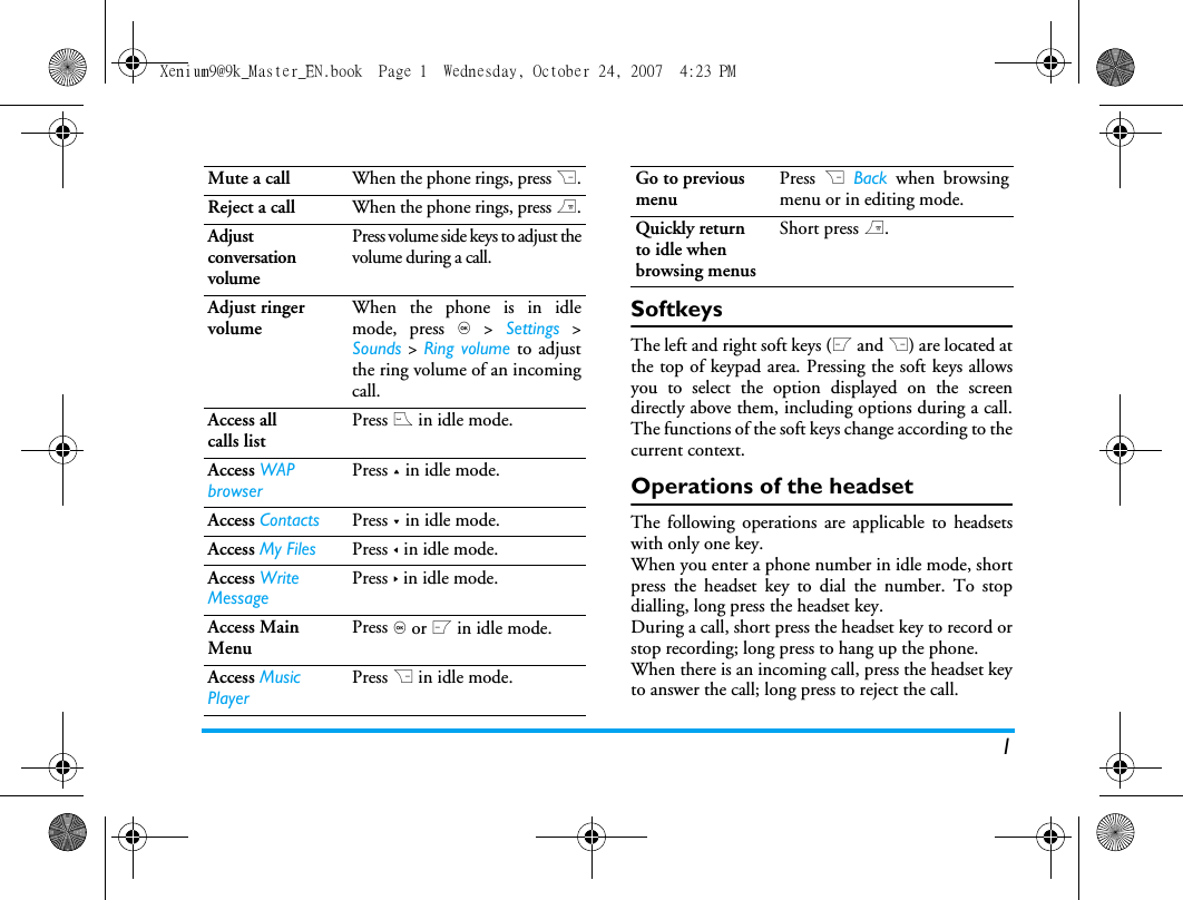 1SoftkeysThe left and right soft keys (L and R) are located atthe top of keypad area. Pressing the soft keys allowsyou to select the option displayed on the screendirectly above them, including options during a call.The functions of the soft keys change according to thecurrent context. Operations of the headsetThe following operations are applicable to headsetswith only one key. When you enter a phone number in idle mode, shortpress the headset key to dial the number. To stopdialling, long press the headset key. During a call, short press the headset key to record orstop recording; long press to hang up the phone. When there is an incoming call, press the headset keyto answer the call; long press to reject the call. Mute a call When the phone rings, press R.Reject a call When the phone rings, press ).Adjust conversation volumePress volume side keys to adjust thevolume during a call.Adjust ringer volumeWhen the phone is in idlemode, press , > Settings >Sounds > Ring volume to adjustthe ring volume of an incomingcall.Access all calls listPress ( in idle mode.Access WAP browserPress + in idle mode.Access Contacts Press - in idle mode.Access My Files Press < in idle mode.Access Write MessagePress > in idle mode.Access Main MenuPress , or L in idle mode.Access Music PlayerPress R in idle mode.Go to previous menuPress R Back when browsingmenu or in editing mode.Quickly return to idle when browsing menusShort press ).Xenium9@9k_Master_EN.book  Page 1  Wednesday, October 24, 2007  4:23 PM
