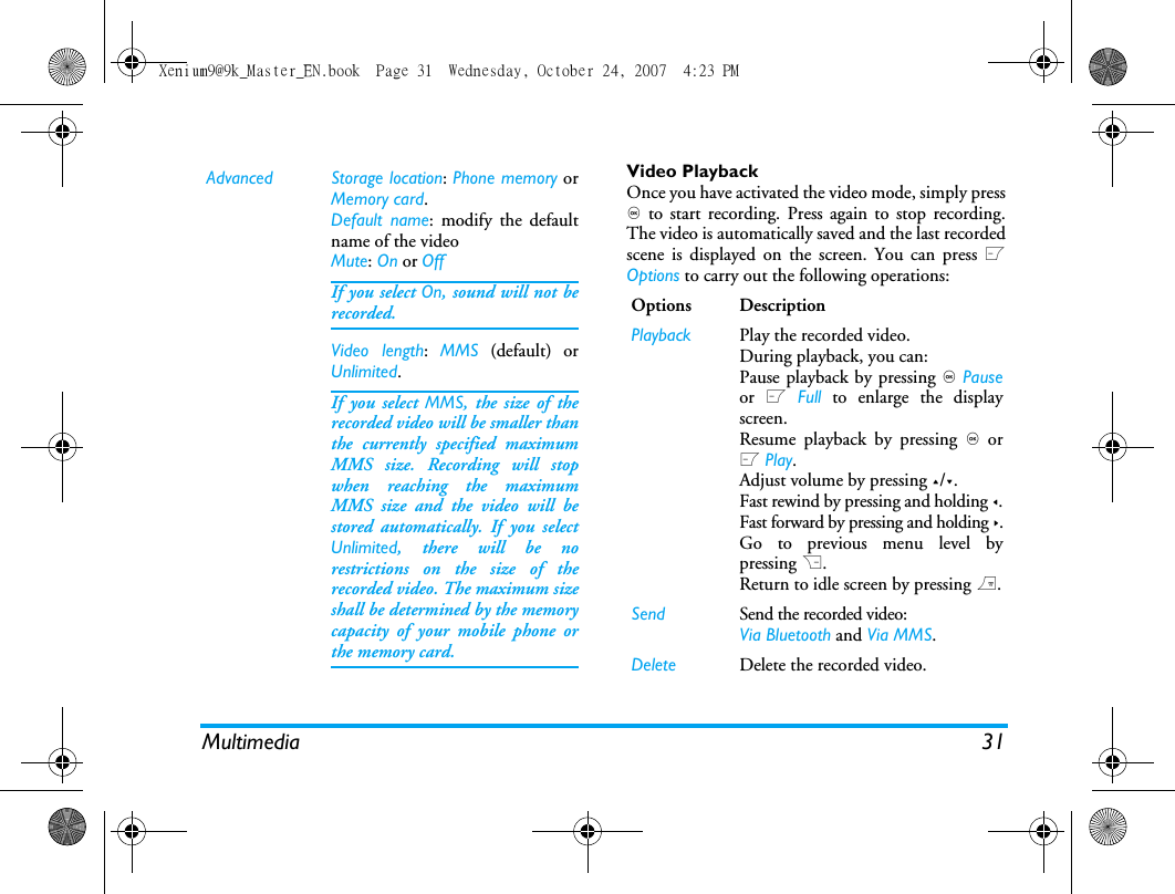 Multimedia 31Video PlaybackOnce you have activated the video mode, simply press, to start recording. Press again to stop recording.The video is automatically saved and the last recordedscene is displayed on the screen. You can press LOptions to carry out the following operations:Advanced Storage location: Phone memory orMemory card.Default name: modify the defaultname of the videoMute: On or OffIf you select On, sound will not berecorded.Video length:  MMS (default) orUnlimited.If you select MMS, the size of therecorded video will be smaller thanthe currently specified maximumMMS size. Recording will stopwhen reaching the maximumMMS size and the video will bestored automatically. If you selectUnlimited, there will be norestrictions on the size of therecorded video. The maximum sizeshall be determined by the memorycapacity of your mobile phone orthe memory card.Options DescriptionPlayback Play the recorded video.During playback, you can:Pause playback by pressing , Pauseor L Full to enlarge the displayscreen. Resume playback by pressing , orL Play. Adjust volume by pressing +/-.Fast rewind by pressing and holding <.Fast forward by pressing and holding >.Go to previous menu level bypressing R.Return to idle screen by pressing ).Send Send the recorded video: Via Bluetooth and Via MMS.Delete Delete the recorded video.Xenium9@9k_Master_EN.book  Page 31  Wednesday, October 24, 2007  4:23 PM