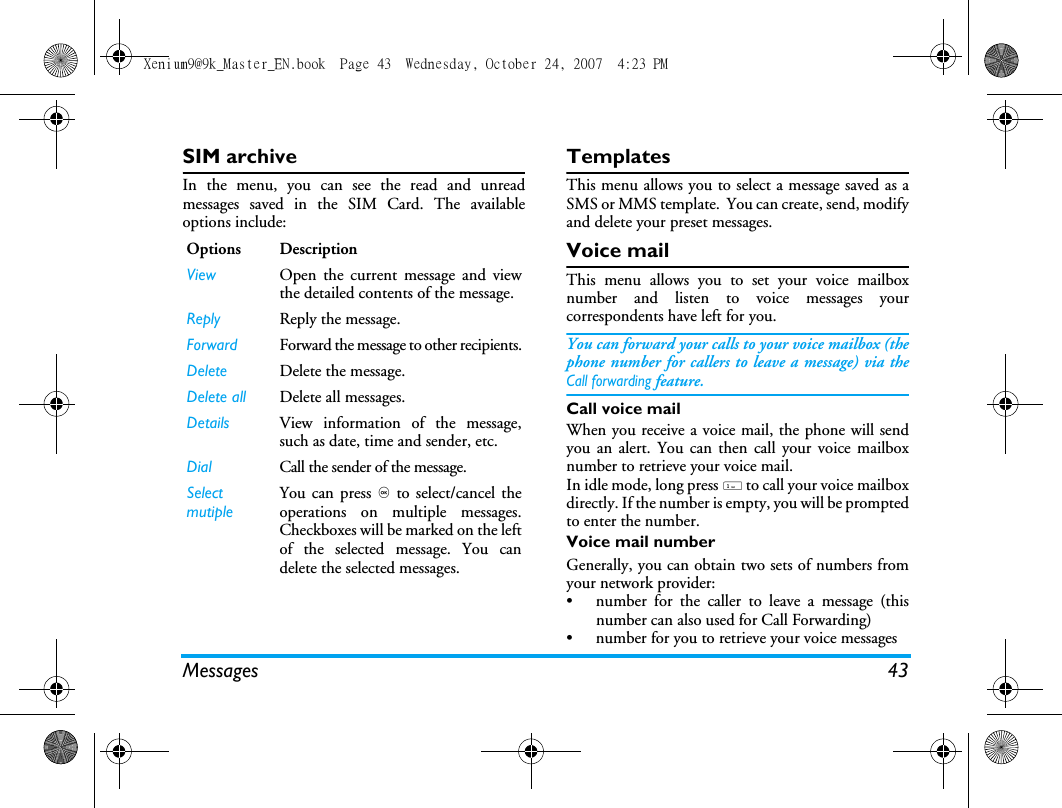 Messages 43SIM archiveIn the menu, you can see the read and unreadmessages saved in the SIM Card. The availableoptions include:TemplatesThis menu allows you to select a message saved as aSMS or MMS template.  You can create, send, modifyand delete your preset messages.Voice mailThis menu allows you to set your voice mailboxnumber and listen to voice messages yourcorrespondents have left for you.You can forward your calls to your voice mailbox (thephone number for callers to leave a message) via theCall forwarding feature. Call voice mailWhen you receive a voice mail, the phone will sendyou an alert. You can then call your voice mailboxnumber to retrieve your voice mail. In idle mode, long press 1 to call your voice mailboxdirectly. If the number is empty, you will be promptedto enter the number. Voice mail numberGenerally, you can obtain two sets of numbers fromyour network provider: &bull;  number for the caller to leave a message (thisnumber can also used for Call Forwarding)&bull;  number for you to retrieve your voice messagesOptions DescriptionView Open the current message and viewthe detailed contents of the message.Reply Reply the message.Forward Forward the message to other recipients.Delete Delete the message.Delete all Delete all messages.Details View information of the message,such as date, time and sender, etc.Dial Call the sender of the message.Select mutipleYou can press , to select/cancel theoperations on multiple messages.Checkboxes will be marked on the leftof the selected message. You candelete the selected messages.Xenium9@9k_Master_EN.book  Page 43  Wednesday, October 24, 2007  4:23 PM