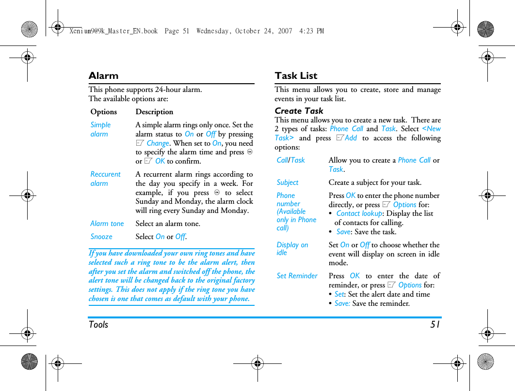 Tools 51AlarmThis phone supports 24-hour alarm.The available options are:If you have downloaded your own ring tones and haveselected such a ring tone to be the alarm alert, thenafter you set the alarm and switched off the phone, thealert tone will be changed back to the original factorysettings. This does not apply if the ring tone you havechosen is one that comes as default with your phone.Task ListThis menu allows you to create, store and manageevents in your task list.    Create TaskThis menu allows you to create a new task.  There are2 types of tasks: Phone Call and  Task. Select <NewTask>  and press LAdd  to access the followingoptions:Options DescriptionSimple alarmA simple alarm rings only once. Set thealarm status to On or Off by pressingL Change. When set to On, you needto specify the alarm time and press ,or L OK to confirm.Reccurent alarmA recurrent alarm rings according tothe day you specify in a week. Forexample, if you press , to selectSunday and Monday, the alarm clockwill ring every Sunday and Monday. Alarm tone Select an alarm tone.Snooze Select On or Off.Call/Task Allow you to create a Phone Call orTask. Subject Create a subject for your task.Phone number (Available only in Phone call)Press OK to enter the phone numberdirectly, or press L Options for:&bull; Contact lookup: Display the list of contacts for calling.&bull; Save: Save the task. Display on idleSet On or Off to choose whether theevent will display on screen in idlemode.Set Reminder Press  OK to enter the date ofreminder, or press L Options for: &bull;Set: Set the alert date and time&bull;Save: Save the reminder.Xenium9@9k_Master_EN.book  Page 51  Wednesday, October 24, 2007  4:23 PM