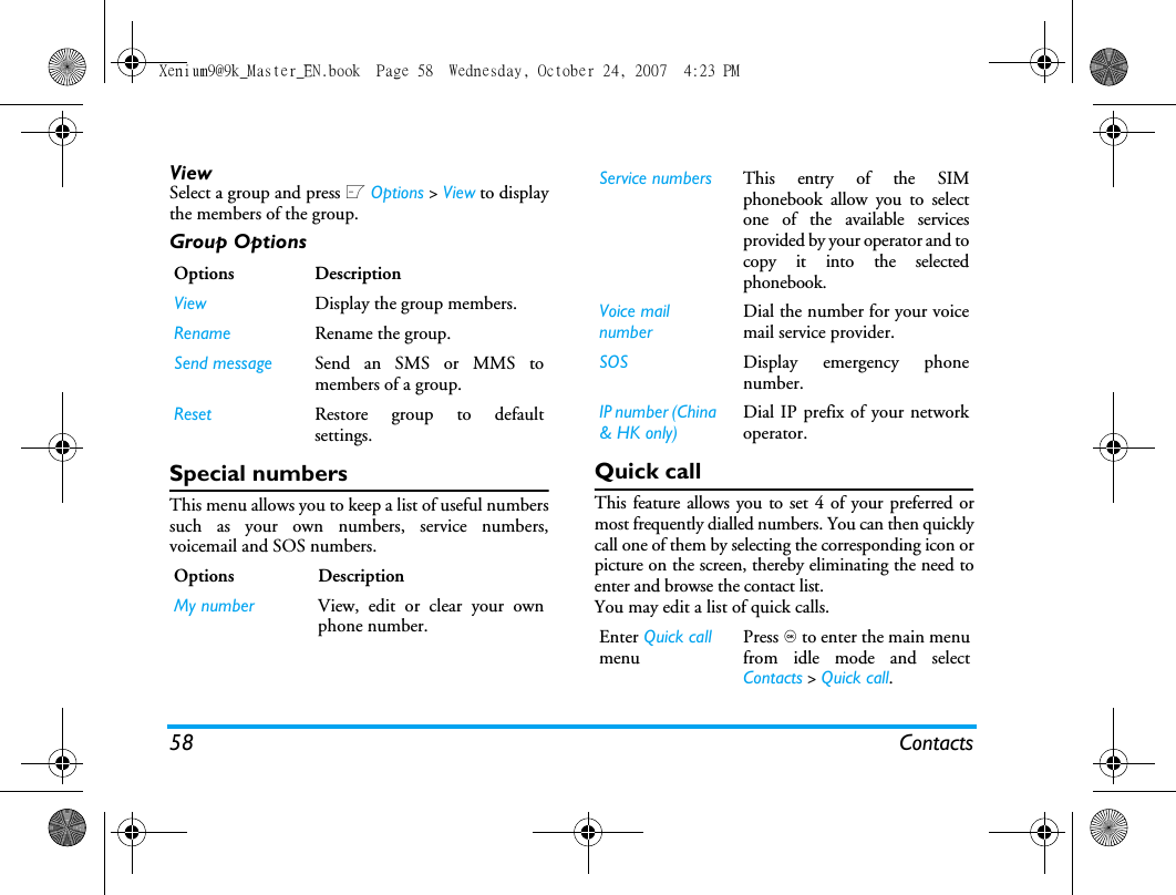 58 ContactsViewSelect a group and press L Options > View to displaythe members of the group.Group OptionsSpecial numbersThis menu allows you to keep a list of useful numberssuch as your own numbers, service numbers,voicemail and SOS numbers.Quick call This feature allows you to set 4 of your preferred ormost frequently dialled numbers. You can then quicklycall one of them by selecting the corresponding icon orpicture on the screen, thereby eliminating the need toenter and browse the contact list.You may edit a list of quick calls.Options DescriptionView Display the group members.Rename Rename the group.Send message Send an SMS or MMS tomembers of a group.Reset Restore group to defaultsettings.Options DescriptionMy number View, edit or clear your ownphone number.Service numbers This entry of the SIMphonebook allow you to selectone of the available servicesprovided by your operator and tocopy it into the selectedphonebook.Voice mail numberDial the number for your voicemail service provider.SOS Display emergency phonenumber.IP number (China &amp; HK only)Dial IP prefix of your networkoperator.Enter Quick call menuPress , to enter the main menufrom idle mode and selectContacts > Quick call.Xenium9@9k_Master_EN.book  Page 58  Wednesday, October 24, 2007  4:23 PM