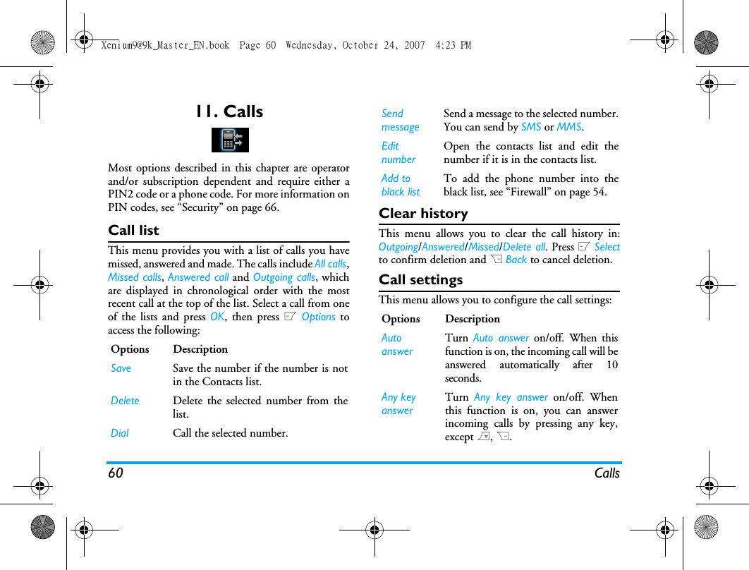 60 Calls11. CallsMost options described in this chapter are operatorand/or subscription dependent and require either aPIN2 code or a phone code. For more information onPIN codes, see &ldquo;Security&rdquo; on page 66.Call listThis menu provides you with a list of calls you havemissed, answered and made. The calls include All calls,Missed calls, Answered call and Outgoing calls, whichare displayed in chronological order with the mostrecent call at the top of the list. Select a call from oneof the lists and press OK, then press L Options toaccess the following:Clear historyThis menu allows you to clear the call history in:Outgoing/Answered/Missed/Delete all. Press L Selectto confirm deletion and R Back to cancel deletion.Call settingsThis menu allows you to configure the call settings:Options DescriptionSave Save the number if the number is notin the Contacts list.Delete Delete the selected number from thelist.Dial Call the selected number.Send messageSend a message to the selected number.You can send by SMS or MMS.Edit numberOpen the contacts list and edit thenumber if it is in the contacts list.Add to black listTo add the phone number into theblack list, see &ldquo;Firewall&rdquo; on page 54.Options DescriptionAuto answerTurn  Auto answer on/off. When thisfunction is on, the incoming call will beanswered automatically after 10seconds.Any keyanswerTurn  Any key answer on/off. Whenthis function is on, you can answerincoming calls by pressing any key,except ), R.Xenium9@9k_Master_EN.book  Page 60  Wednesday, October 24, 2007  4:23 PM