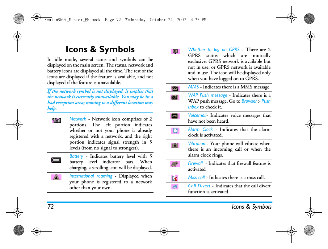 72 Icons &amp; SymbolsIcons &amp; SymbolsIn idle mode, several icons and symbols can bedisplayed on the main screen. The status, network andbattery icons are displayed all the time. The rest of theicons are displayed if the feature is available, and notdisplayed if the feature is unavailable.If the network symbol is not displayed, it implies thatthe network is currently unavailable. You may be in abad reception area; moving to a different location mayhelp.Network  - Network icon comprises of 2portions. The left portion indicateswhether or not your phone is alreadyregistered with a network, and the rightportion indicates signal strength in 5levels (from no signal to strongest).Battery - Indicates battery level with 5battery level indicator bars. Whencharging, a scrolling icon will be displayed.International roaming - Displayed whenyour phone is registered to a networkother than your own.Whether to log on GPRS - There are 2GPRS status which are mutuallyexclusive: GPRS network is available butnot in use; or GPRS network is availableand in use. The icon will be displayed onlywhen you have logged on to GPRS.MMS - Indicates there is a MMS message.WAP Push message - Indicates there is aWAP push message. Go to Browser > PushInbox to check it.Voicemail- Indicates voice messages thathave not been heard.Alarm Clock - Indicates that the alarmclock is activated.Vibration - Your phone will vibrate whenthere is an incoming call or when thealarm clock rings.Firewall  - Indicates that firewall feature isactivatedMiss call - Indicates there is a miss call.Call Divert - Indicates that the call divertfunction is activated.Xenium9@9k_Master_EN.book  Page 72  Wednesday, October 24, 2007  4:23 PM