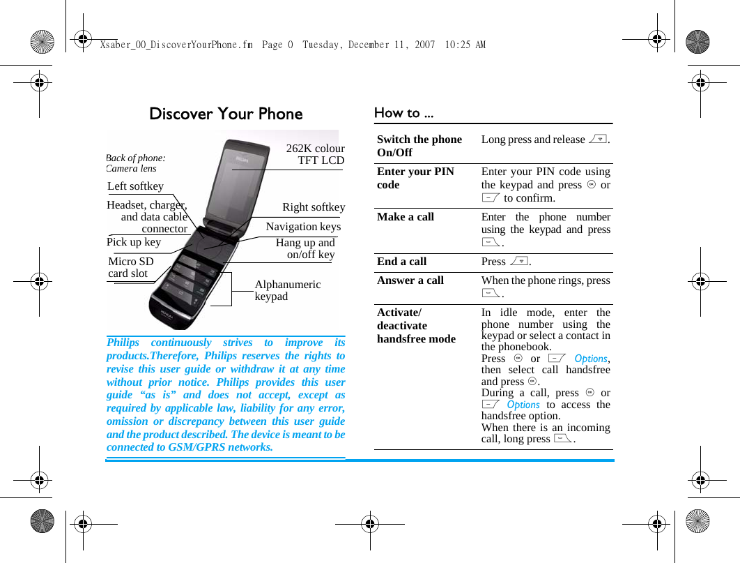 Discover Your PhonePhilips continuously strives to improve itsproducts.Therefore, Philips reserves the rights torevise this user guide or withdraw it at any timewithout prior notice. Philips provides this userguide &ldquo;as is&rdquo; and does not accept, except asrequired by applicable law, liability for any error,omission or discrepancy between this user guideand the product described. The device is meant to beconnected to GSM/GPRS networks.How to ...Alphanumeric keypad 262K colourTFT LCDNavigation keysHang up andon/off keyLeft softkeyRight softkeyPick up keyBack of phone: Camera lensHeadset, charger,and data cableconnectorMicro SD card slotSwitch the phone On/Off Long press and release ).Enter your PIN code Enter your PIN code usingthe keypad and press , orL to confirm.Make a call Enter the phone numberusing the keypad and press(.End a call Press ).Answer a call When the phone rings, press(.Activate/deactivate handsfree modeIn idle mode, enter thephone number using thekeypad or select a contact inthe phonebook.Press  , or L Options,then select call handsfreeand press ,.During a call, press , orL Options  to access thehandsfree option.When there is an incomingcall, long press (.Xsaber_00_DiscoverYourPhone.fm  Page 0  Tuesday, December 11, 2007  10:25 AM