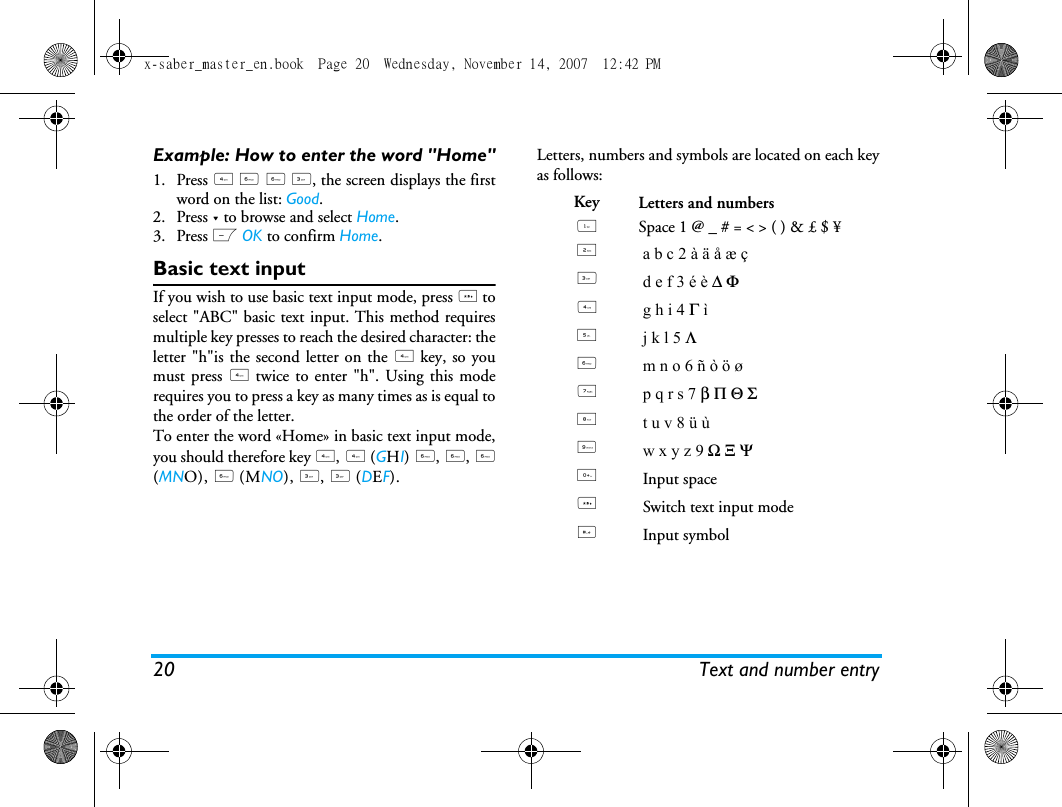 20 Text and number entryExample: How to enter the word "Home"1. Press 4 6&deg;6 3, the screen displays the firstword on the list: Good.2. Press - to browse and select Home.3. Press L OK to confirm Home.Basic text inputIf you wish to use basic text input mode, press * toselect "ABC" basic text input. This method requiresmultiple key presses to reach the desired character: theletter "h"is the second letter on the 4 key, so youmust press 4 twice to enter "h". Using this moderequires you to press a key as many times as is equal tothe order of the letter.To enter the word &laquo;Home&raquo; in basic text input mode,you should therefore key 4, 4 (GHI) 6, 6, 6(MNO), 6 (MNO), 3, 3 (DEF).Letters, numbers and symbols are located on each keyas follows:Key Letters and numbers1Space 1 @ _ # = < > ( ) &amp; &pound; $ &yen; 2a b c 2 &agrave; &auml; &aring; &aelig; &ccedil;3d e f 3 &eacute; &egrave; ∆ &Phi;4g h i 4 &Gamma; &igrave;5j k l 5 &Lambda;6m n o 6 &ntilde; &ograve; &ouml; &oslash;7p q r s 7 &beta; &Pi; &Theta; &Sigma;8t u v 8 &uuml; &ugrave;9w x y z 9 Ω &Xi; &Psi;0Input space*Switch text input mode#Input symbolx-saber_master_en.book  Page 20  Wednesday, November 14, 2007  12:42 PM